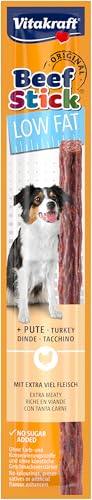 Vitakraft Beef Stick, bajo en grasa, snack premio para perros con problemas de peso, con carne magra de pavo, con contenido reducido de grasa, sin azúcar añadido (50 uds x 12g) - Creapet Studio
