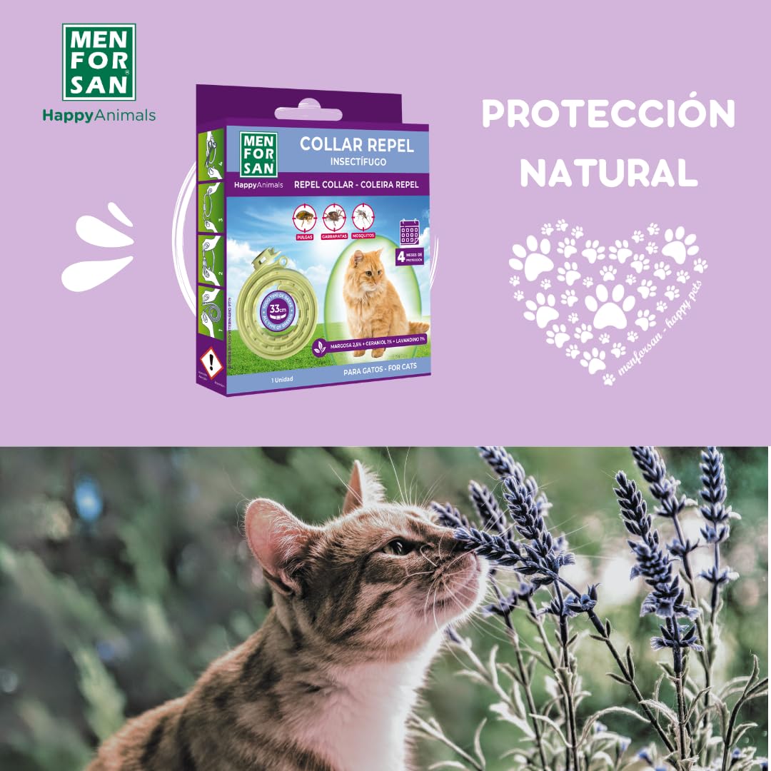 MENFORSAN Collar Antiparasitos Para Gatos Con Ingredientes Naturales Margosa, Geraniol Y Lavandino, Cítrica, Amarillo, 30 cm - Creapet Studio