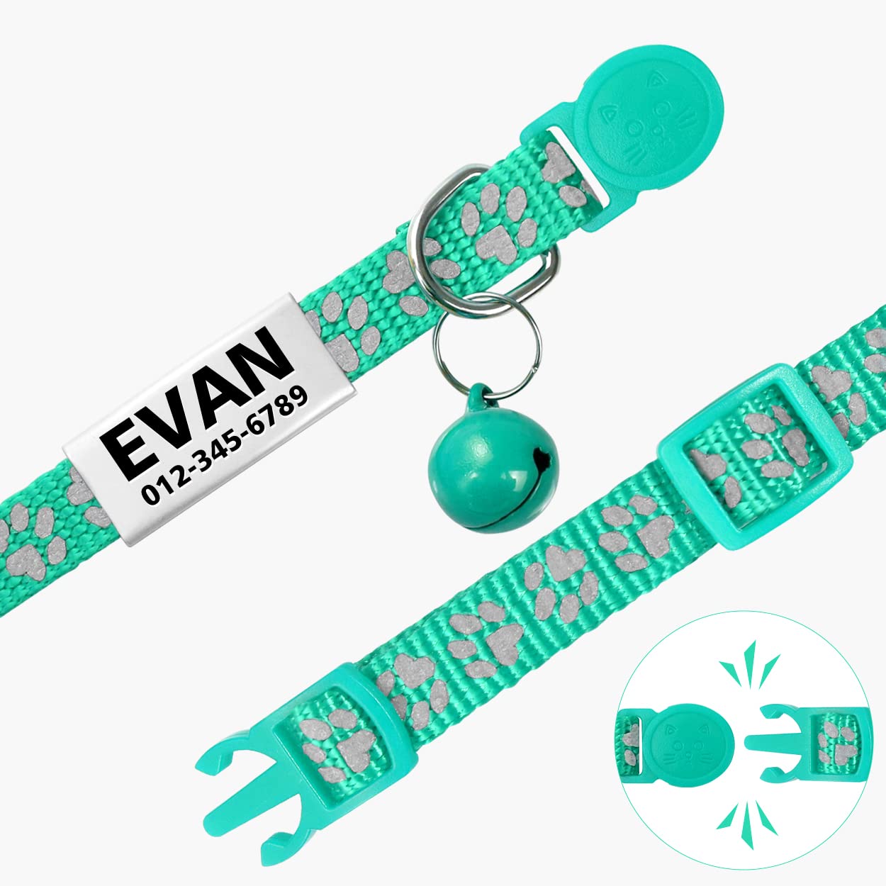 TagME Collar de Gato Personalizado, Reflectante Collares para Gatos con Cascabeles y Hebilla Seguro de Liberación Rápida, 2 Piezas Turquesa - Creapet Studio