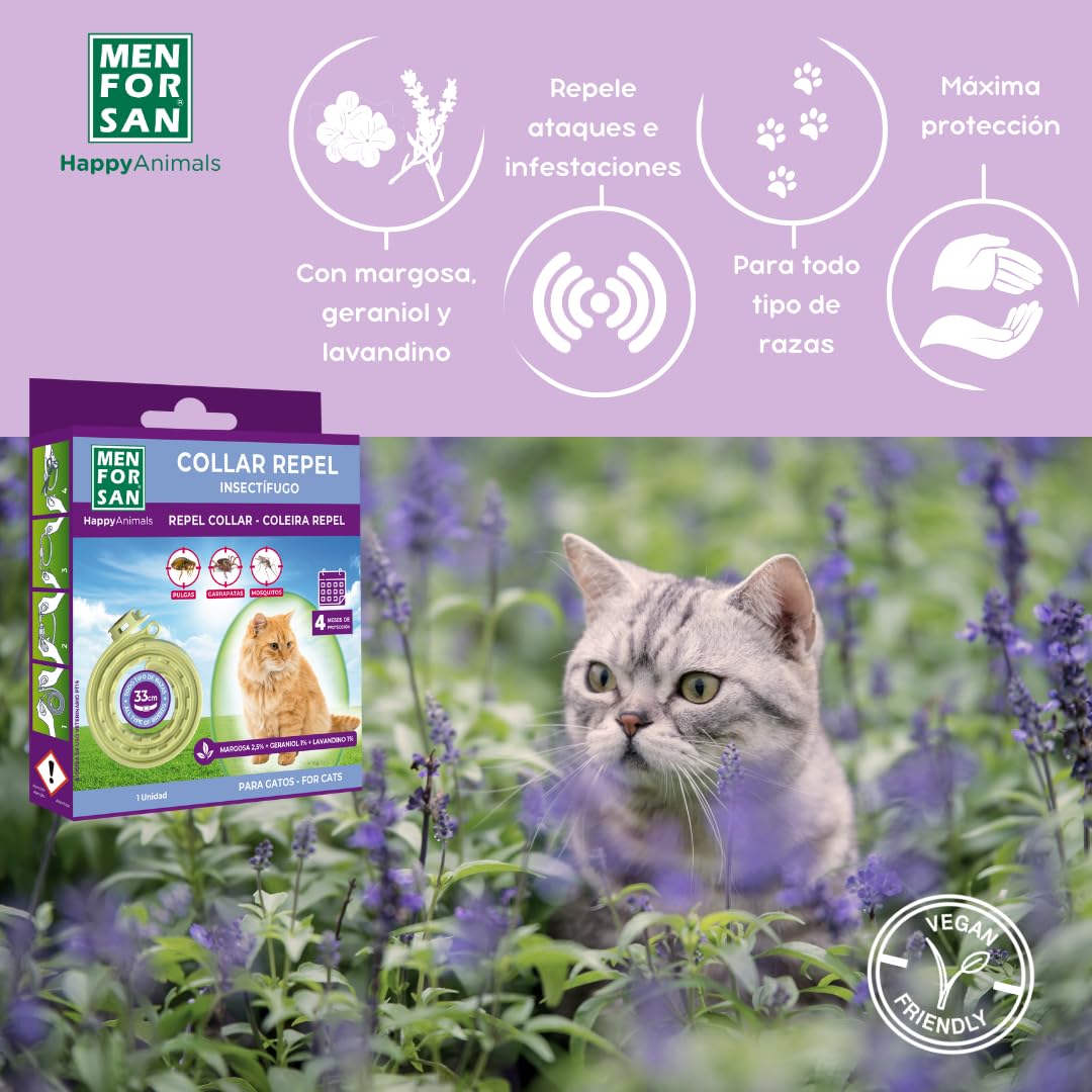 MENFORSAN Collar Antiparasitos Para Gatos Con Ingredientes Naturales Margosa, Geraniol Y Lavandino, Cítrica, Amarillo, 30 cm - Creapet Studio