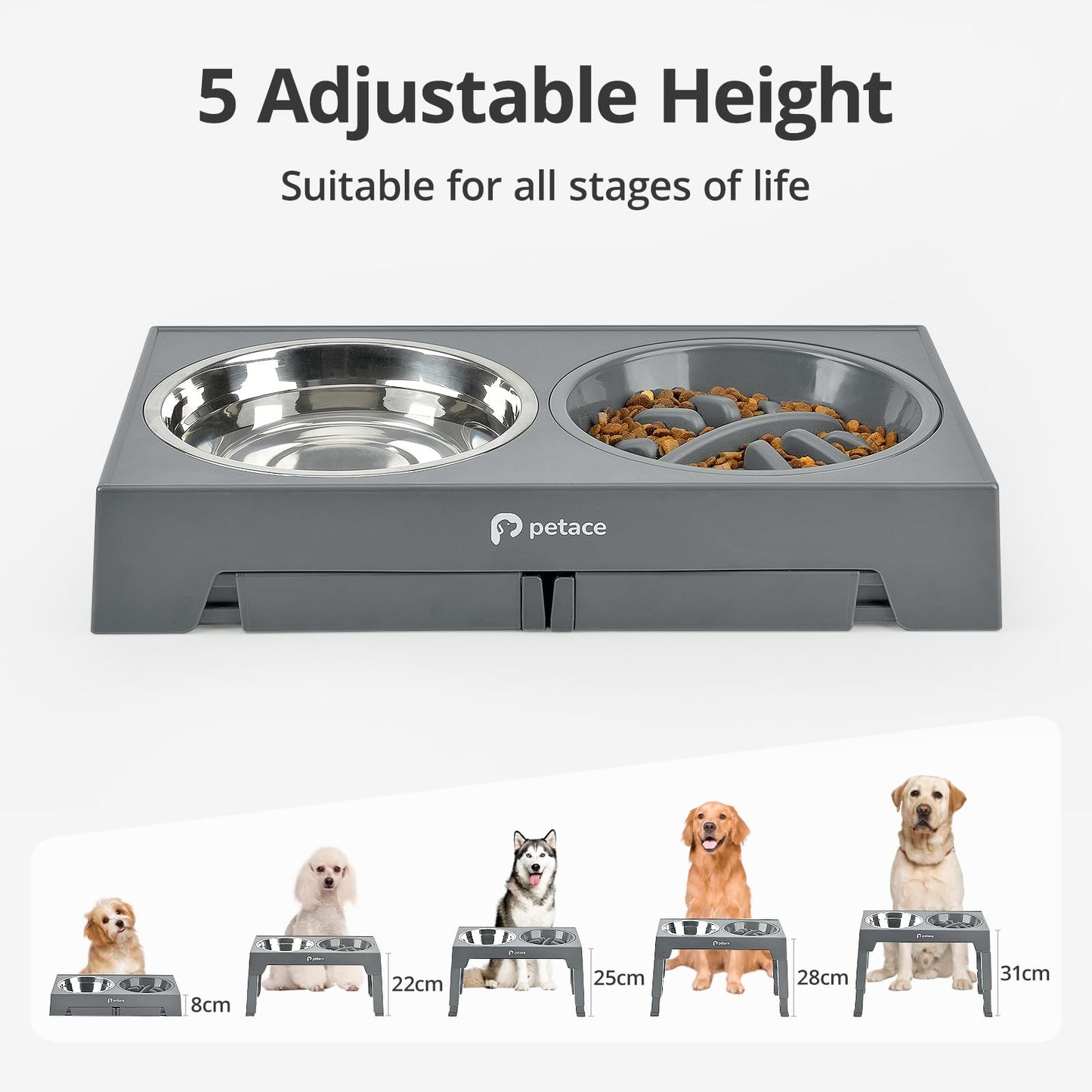 Comedero Perro Elevado de 5 Alturas Ajustables, 2 X 1200ml Comedero Bebedero de Acero y 1 x 800ml Comedero Perro Antivoracidad, Comederos Elevados para Perros Pequeños, Medianos y Grandes, Nero - Creapet Studio