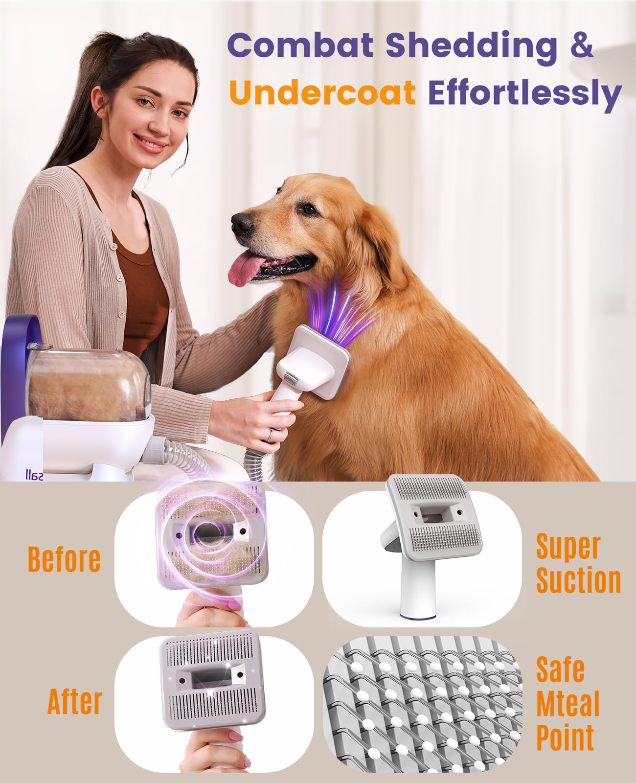 Aspiradora pelos de perros y gatos doméstico con cepillo, Aspiradora para pelos de Perro con un botón, Aspiradora pelos Mascotas con 4 Cepillos - Creapet Studio