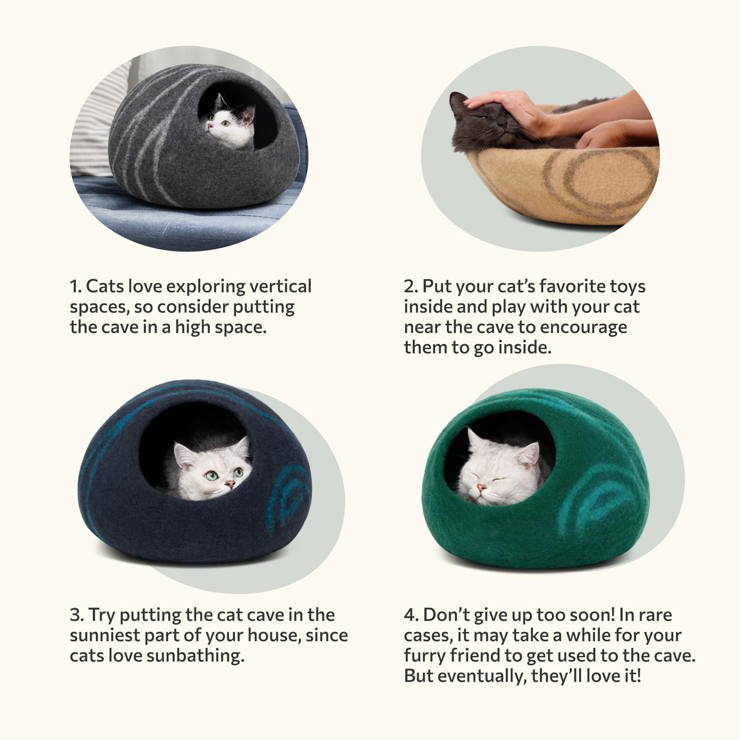 MEOWFIA Cueva de Cama para Gatos de Fieltro Premium - Cama Hecha a Mano 100% Lana Merino para Gatos y Gatitos (Tonos claros) (Grande, Perla ahumada) - Creapet Studio