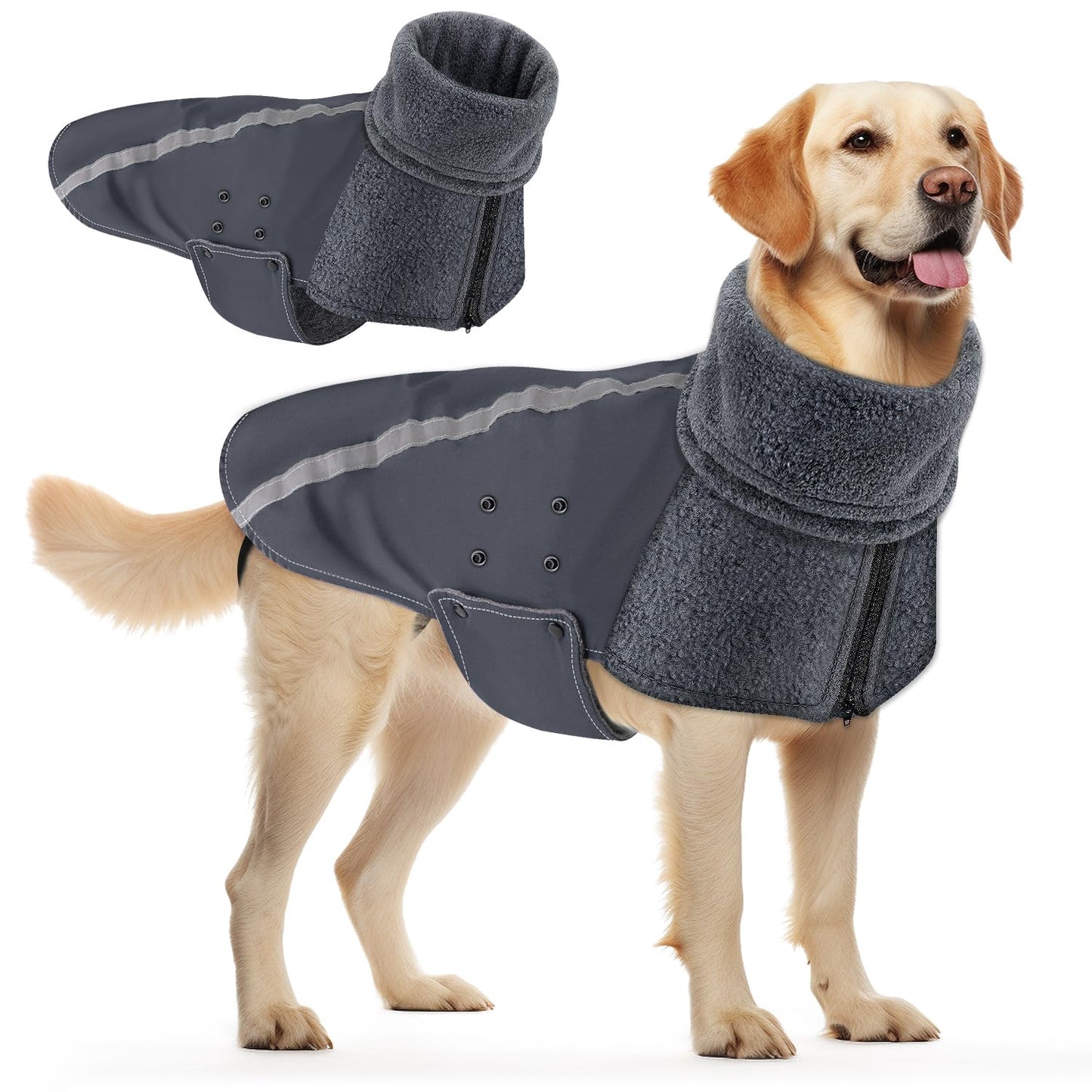 Abrigo para Perro Invierno, Cálido Forro Polar para Exteriores con Bufanda De Cuello Alto, Rayas Reflectantes, Chaleco Resistente Al Viento, Juegos Suaves para Mascotas - Creapet Studio