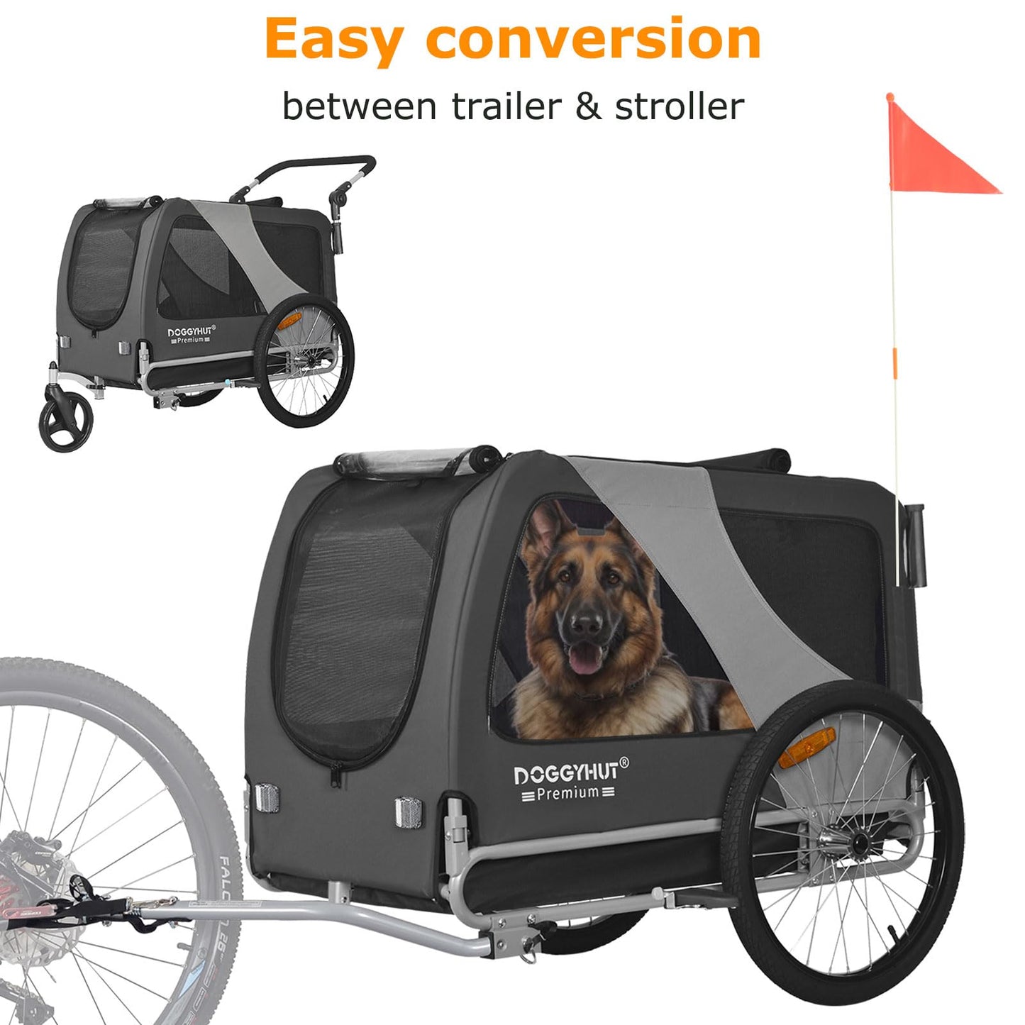 Remolque de bicicleta para perros premium XL 2 en 1 - , 23 - 45 kg, color gris - Creapet Studio