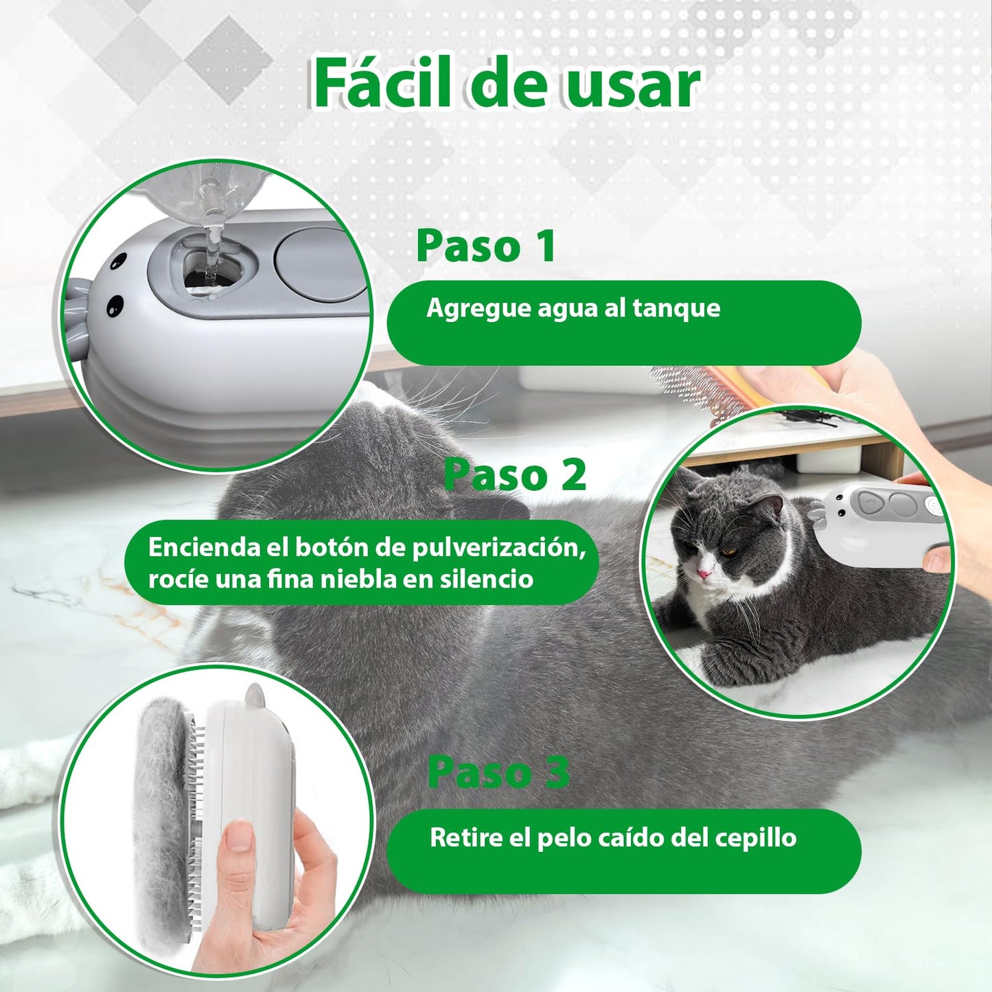 Un cepillo multifuncional que peina, pulveriza y masajea, cuidando el pelaje de tu mascota de forma suave y eficaz.