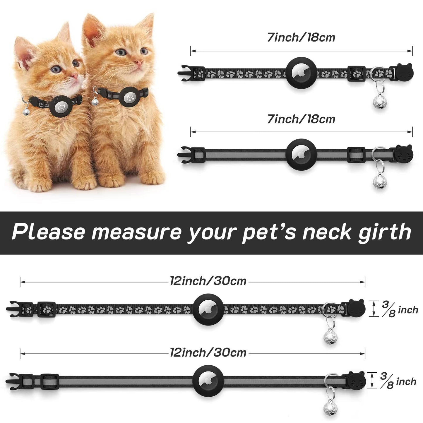 LAFAYI 2 Pack Collar de Gato Compatible con Airtag Apple con Accesorio,Reflectante Ajustable para Gatos Apple Airtag con Cierre de Seguridad,Negro - Creapet Studio