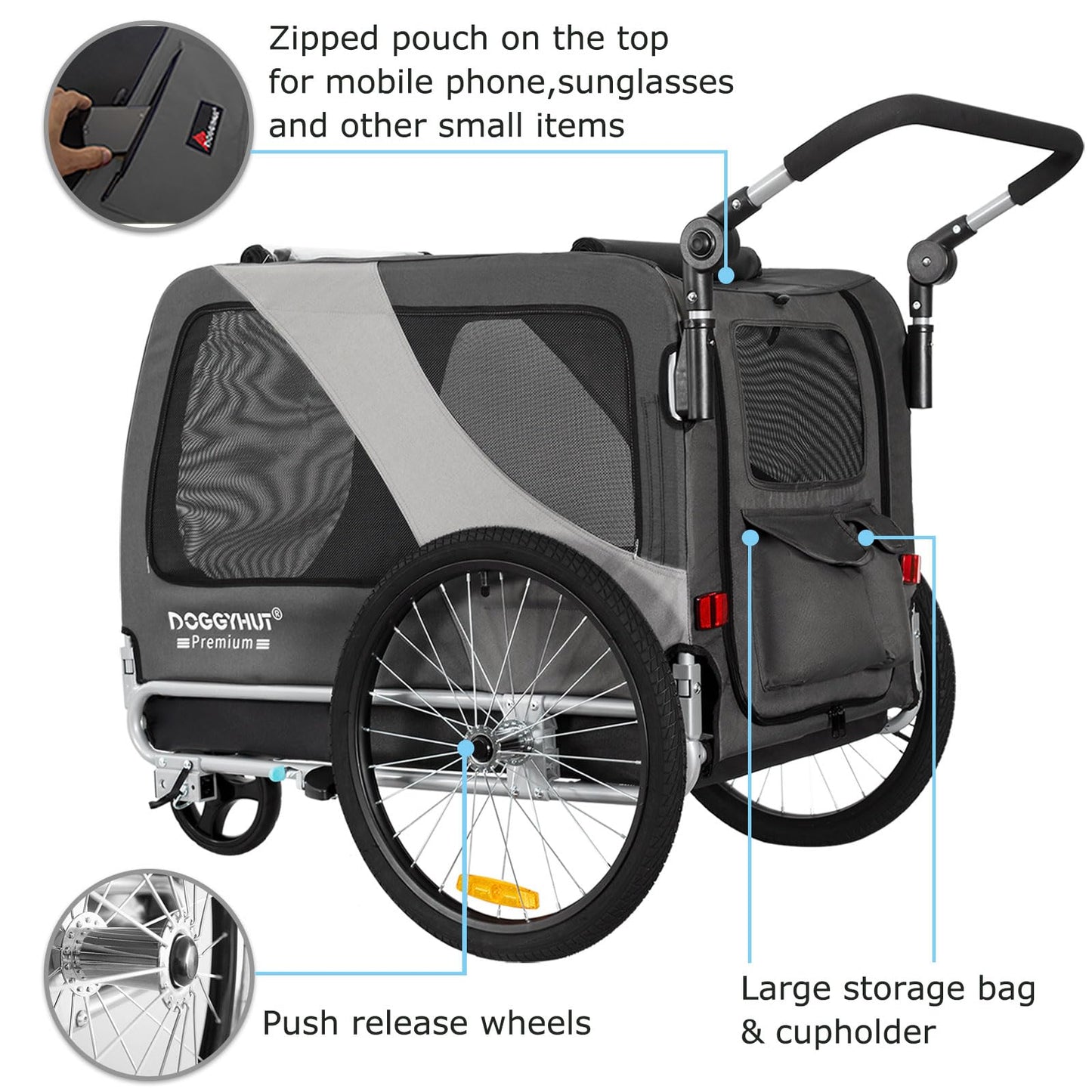 Remolque de bicicleta para perros premium XL 2 en 1 - , 23 - 45 kg, color gris - Creapet Studio