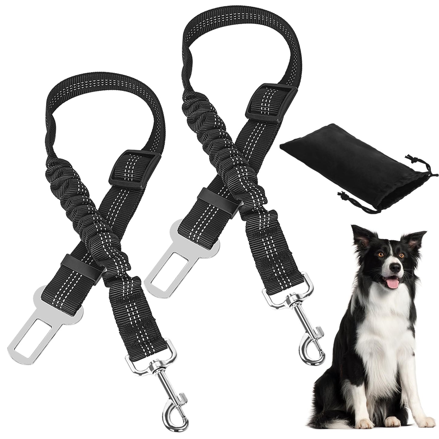 Cinturon Seguridad Perro Coche con Elástico - 2 Piezas Correa Perro Coche Ajustable con Bolsa de Almacenamiento, para Todas Las Razas Perros y Gatos (50-88cm) - Creapet Studio