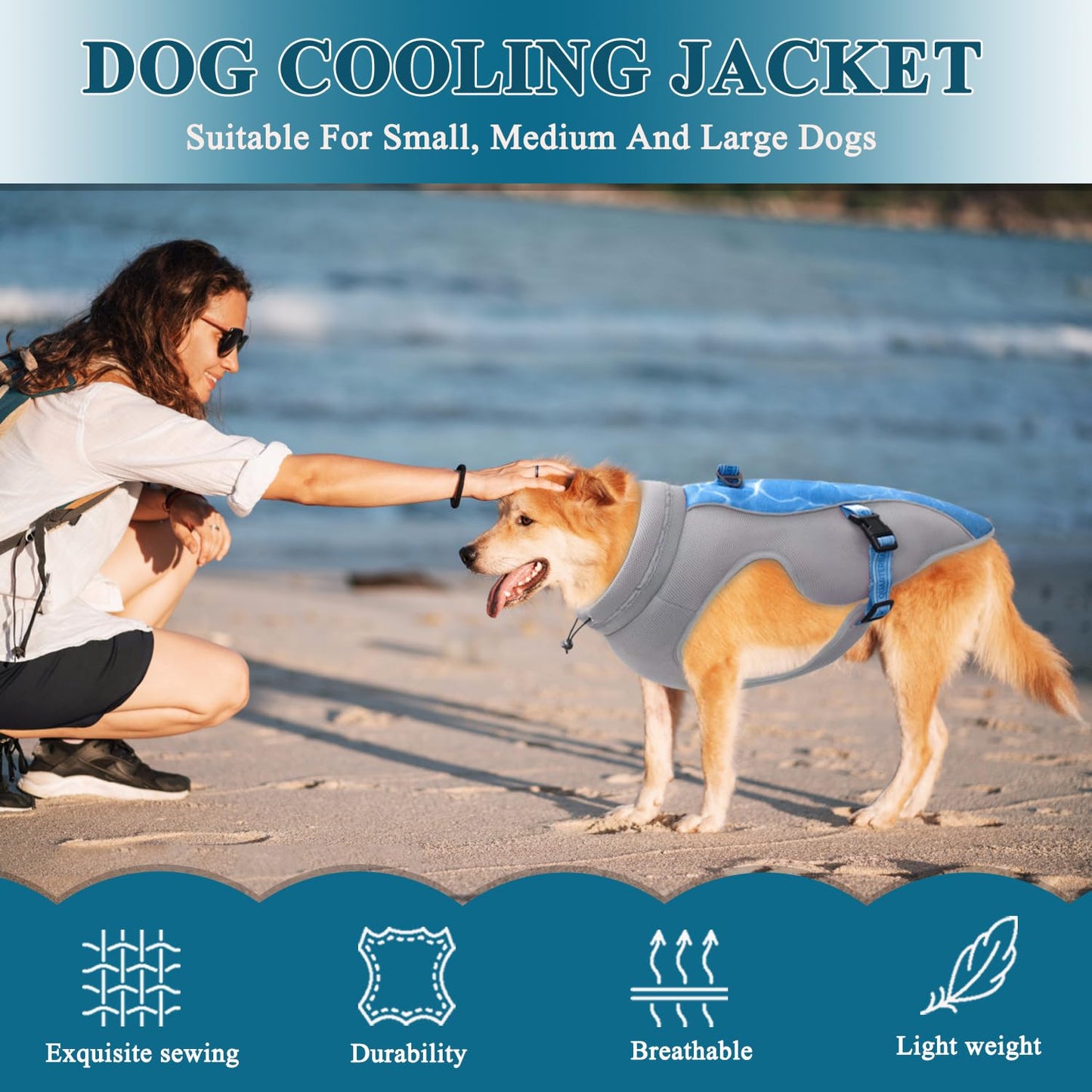 Chaleco Refrescante para Perros con Tiras Reflectantes - Chaqueta de Protección Solar para Perros Pequeños Medianos y Grandes, Arnés de Malla Transpirable para Correr, Deportes y Viajar, Azul S - Creapet Studio