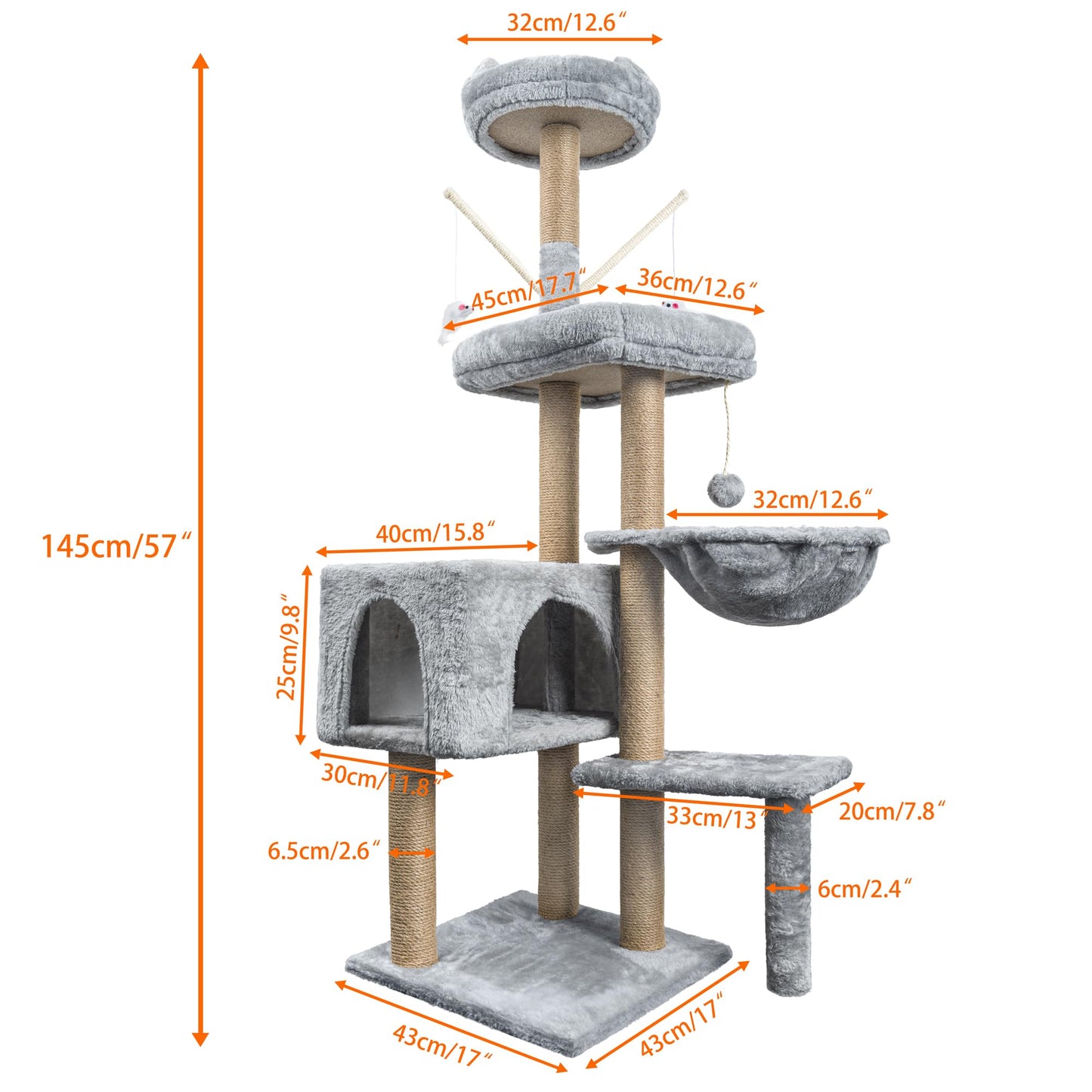 Rascador para Gatos Árbol para Gatos,145cm Rascador, Torre de Escalada, Estable de Varios Niveles, árboles de Actividades con 7 Postes de sisal, 5 Plataformas, 2 nidos - Creapet Studio