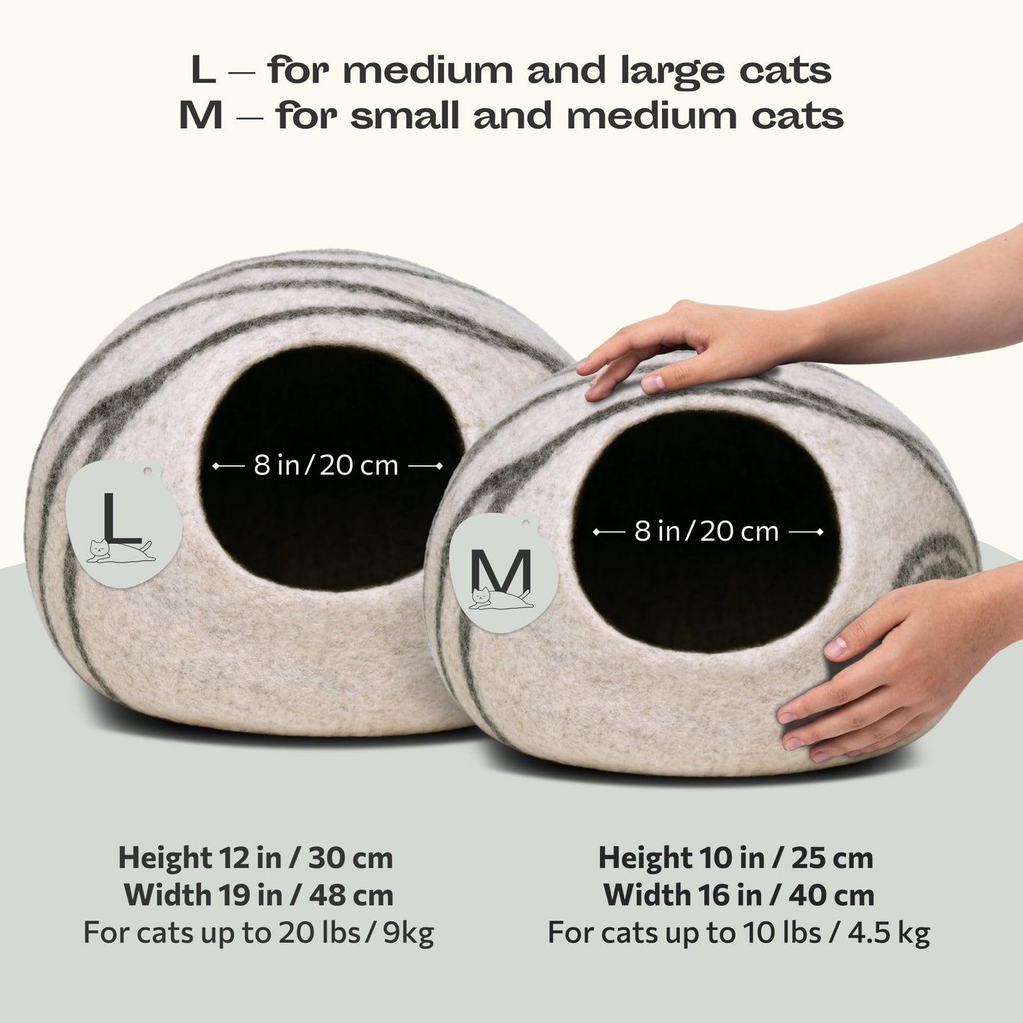MEOWFIA Cueva de Cama para Gatos de Fieltro Premium - Cama Hecha a Mano 100% Lana Merino para Gatos y Gatitos (Tonos claros) (Grande, Perla ahumada) - Creapet Studio
