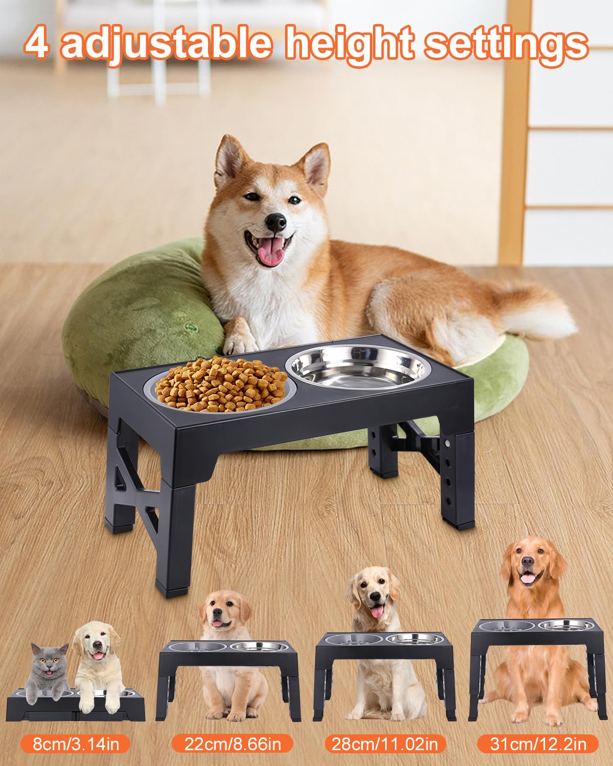 Comedero Elevado para Perro con 3 Cuencos y Bebedero, 4 Alturas Ajustables, Recipiente Extraíble para Perros Medianos y Grandes, Negro - Creapet Studio