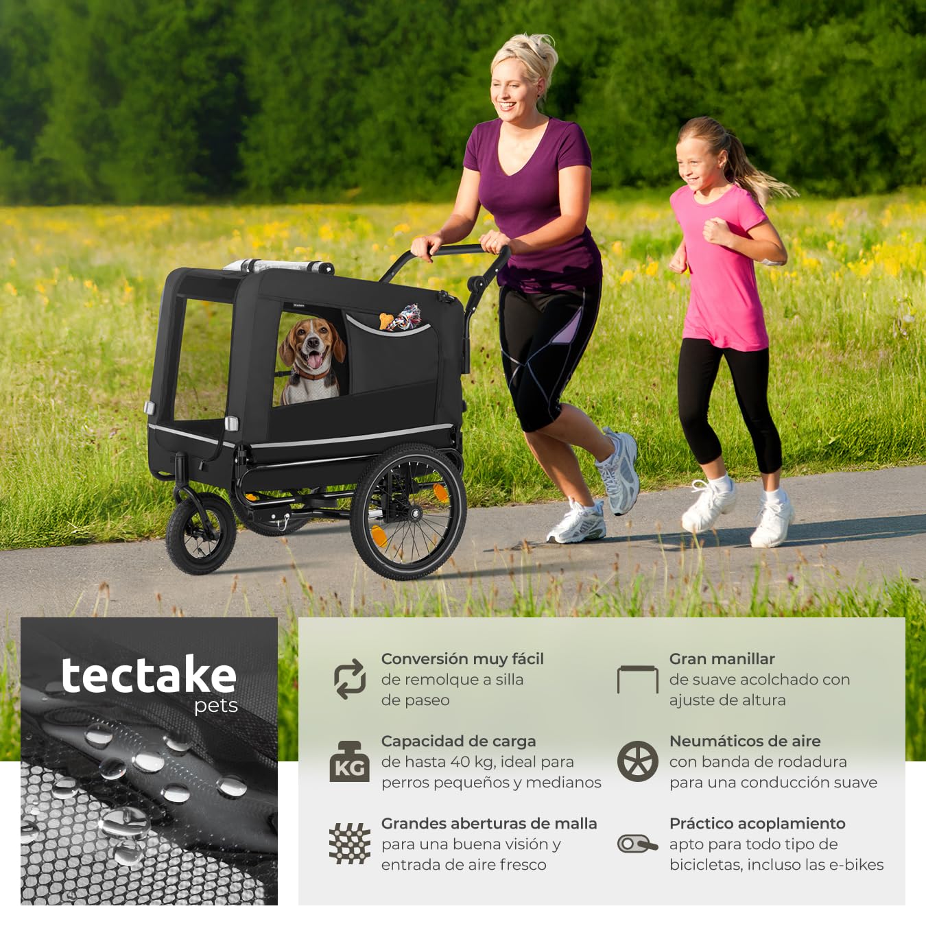 Remolque Bicicleta Perros Multifuncional, Carrito para Perros Plegable, Carro Perro con Manillar Extraíble, Remolque Bici 240L, Reflectores, Bandera, Arnés Seguridad, Carga Máx 40 kg - Creapet Studio