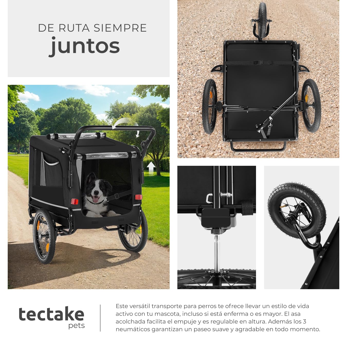 Remolque Bicicleta Perros Multifuncional, Carrito para Perros Plegable, Carro Perro con Manillar Extraíble, Remolque Bici 240L, Reflectores, Bandera, Arnés Seguridad, Carga Máx 40 kg - Creapet Studio