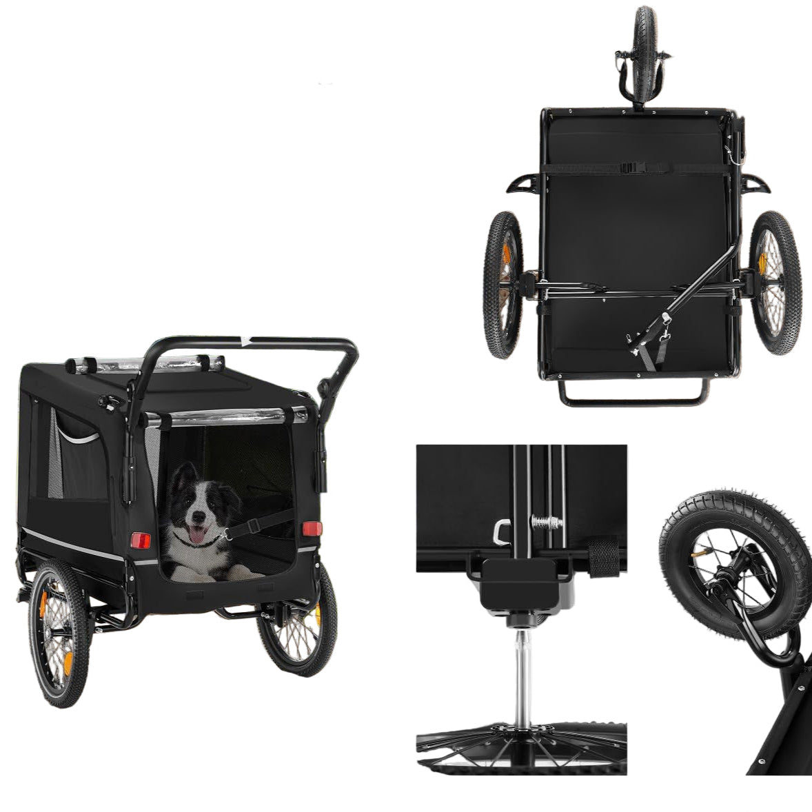 Remolque Bicicleta Perros Multifuncional, Carrito para Perros Plegable, Carro Perro con Manillar Extraíble, Remolque Bici 240L, Reflectores, Bandera, Arnés Seguridad, Carga Máx 40 kg - Creapet Studio