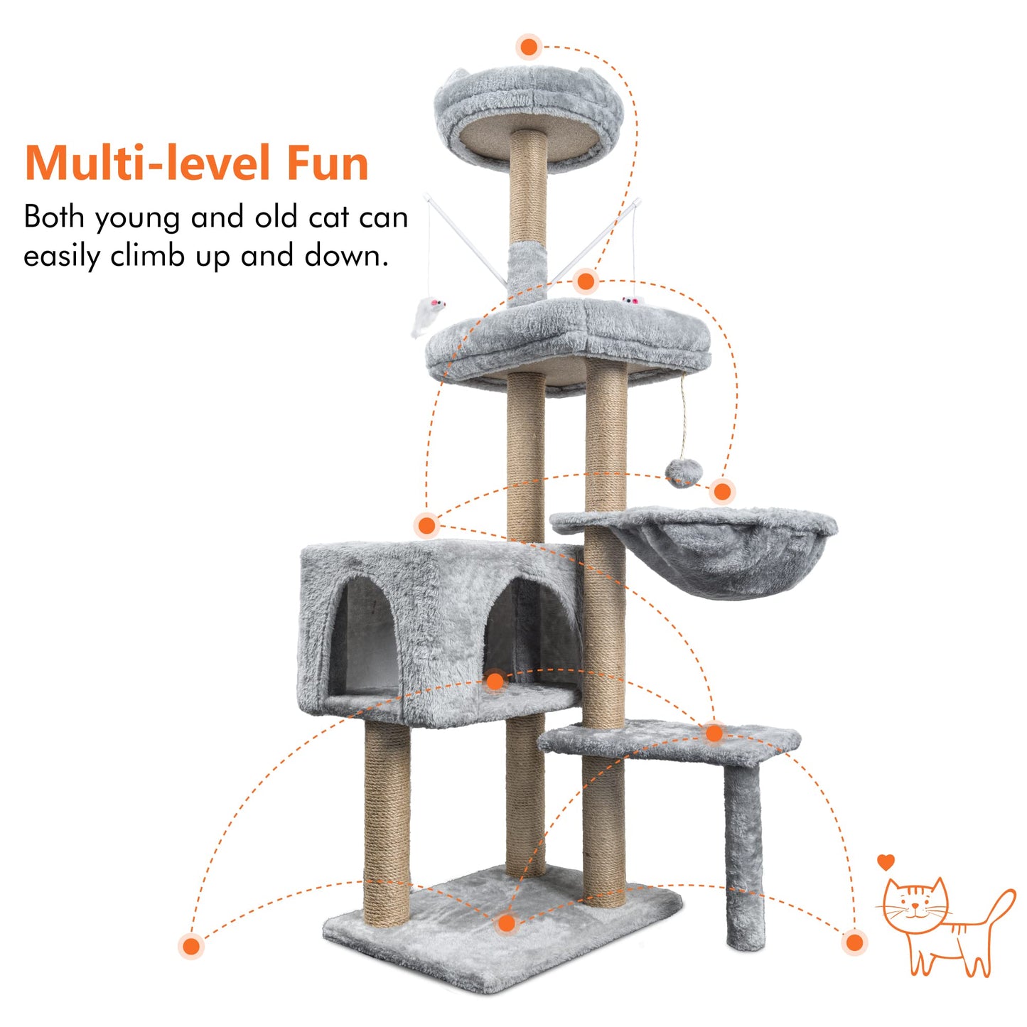 Rascador para Gatos Árbol para Gatos,145cm Rascador, Torre de Escalada, Estable de Varios Niveles, árboles de Actividades con 7 Postes de sisal, 5 Plataformas, 2 nidos - Creapet Studio