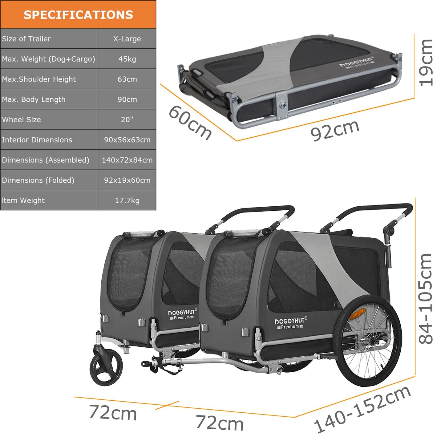 Remolque de bicicleta para perros premium XL 2 en 1 - , 23 - 45 kg, color gris - Creapet Studio