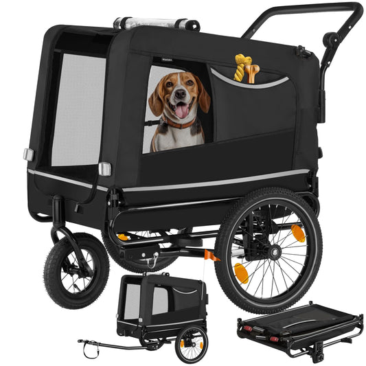Remolque Bicicleta Perros Multifuncional, Carrito para Perros Plegable, Carro Perro con Manillar Extraíble, Remolque Bici 240L, Reflectores, Bandera, Arnés Seguridad, Carga Máx 40 kg - Creapet Studio