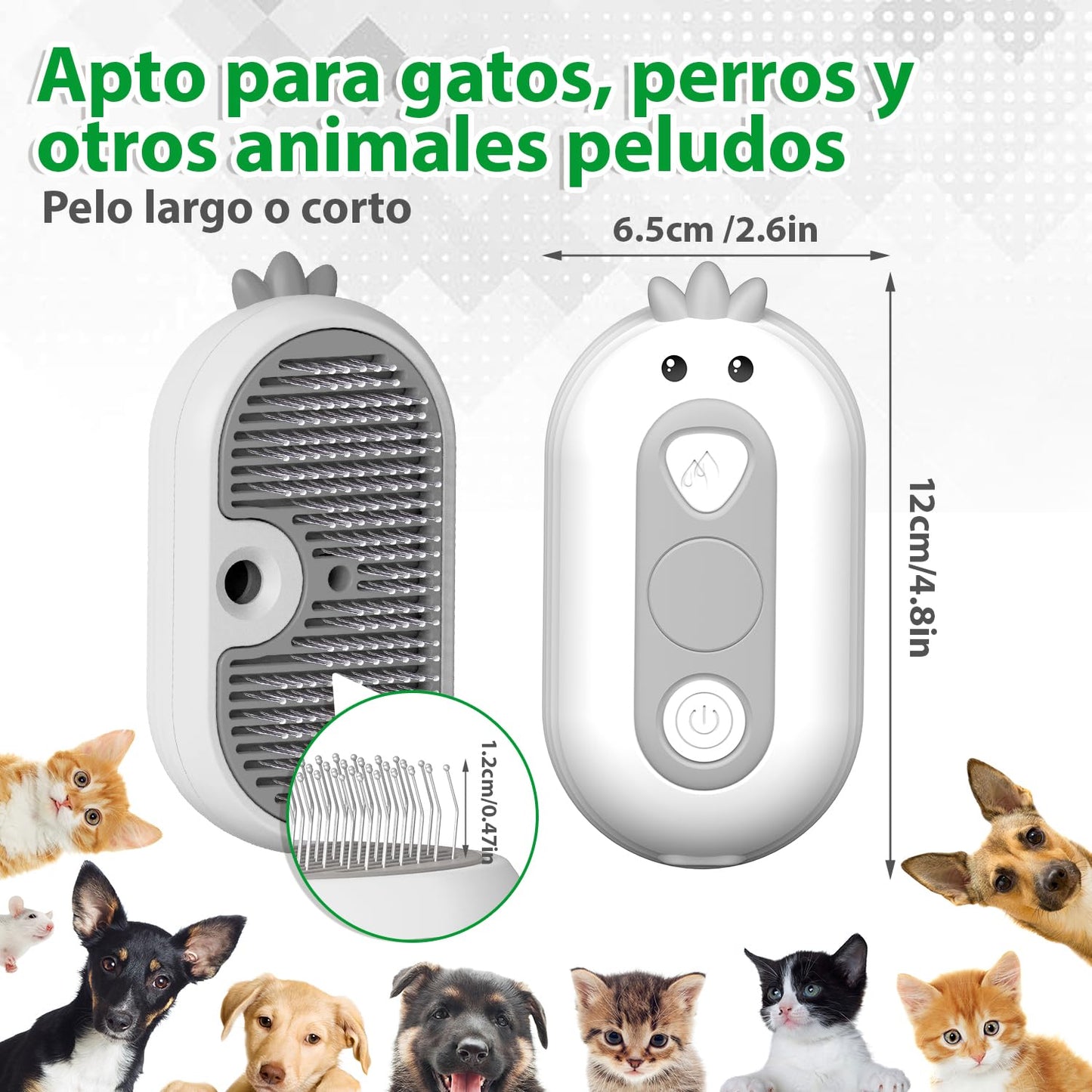Un cepillo multifuncional que peina, pulveriza y masajea, cuidando el pelaje de tu mascota de forma suave y eficaz.