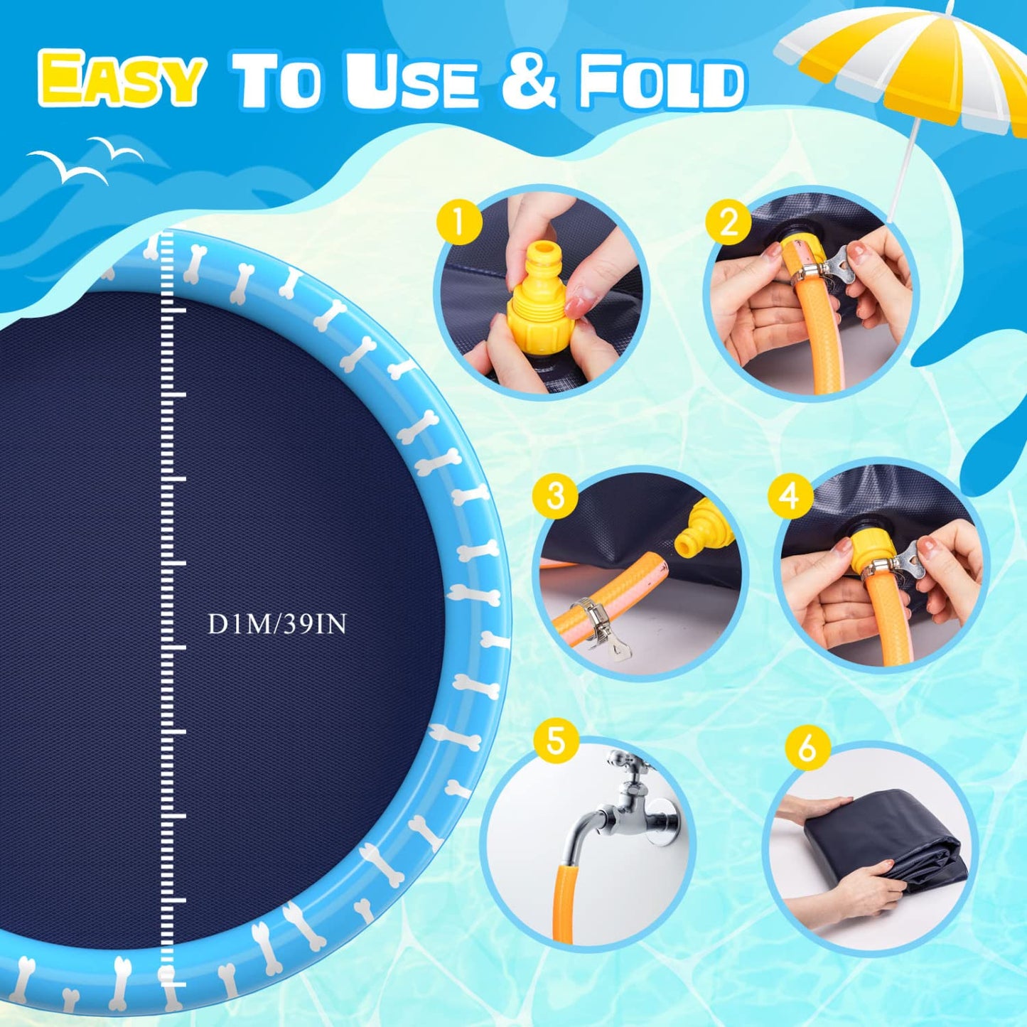 Piscina para Perros Grandes, D100cm/39in Piscina Plegable para Perro, Splash Pad Perro, Espesar 0.55mm, Antideslizante Tapete de Juegos de Agua, Juguete de Verano para Jardín al Aire Libre - Creapet Studio