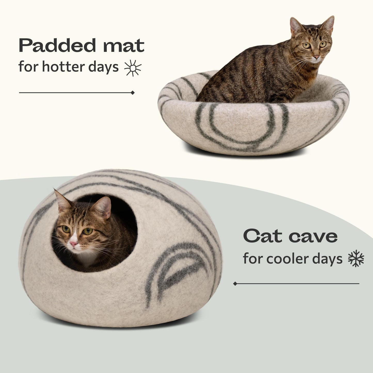 MEOWFIA Cueva de Cama para Gatos de Fieltro Premium - Cama Hecha a Mano 100% Lana Merino para Gatos y Gatitos (Tonos claros) (Grande, Perla ahumada) - Creapet Studio