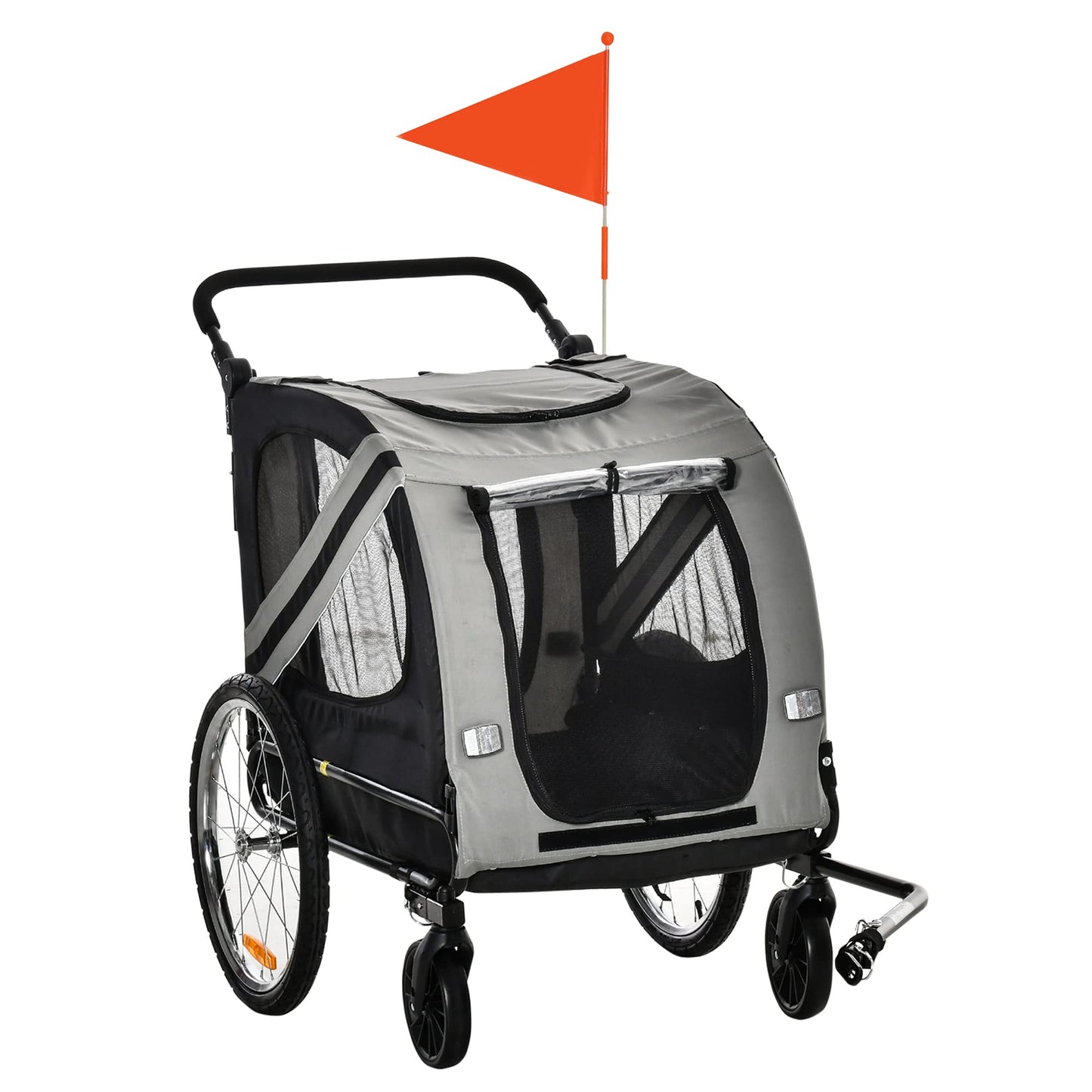 Remolque de Bicicleta para Perros 2 en 1 Carrito de Transporte para Mascotas con Puertas Enrollables Cinturón de Seguridad Bandera y 6 Reflectores Carga 30 kg 140x72,5x108 cm Gris - Creapet Studio