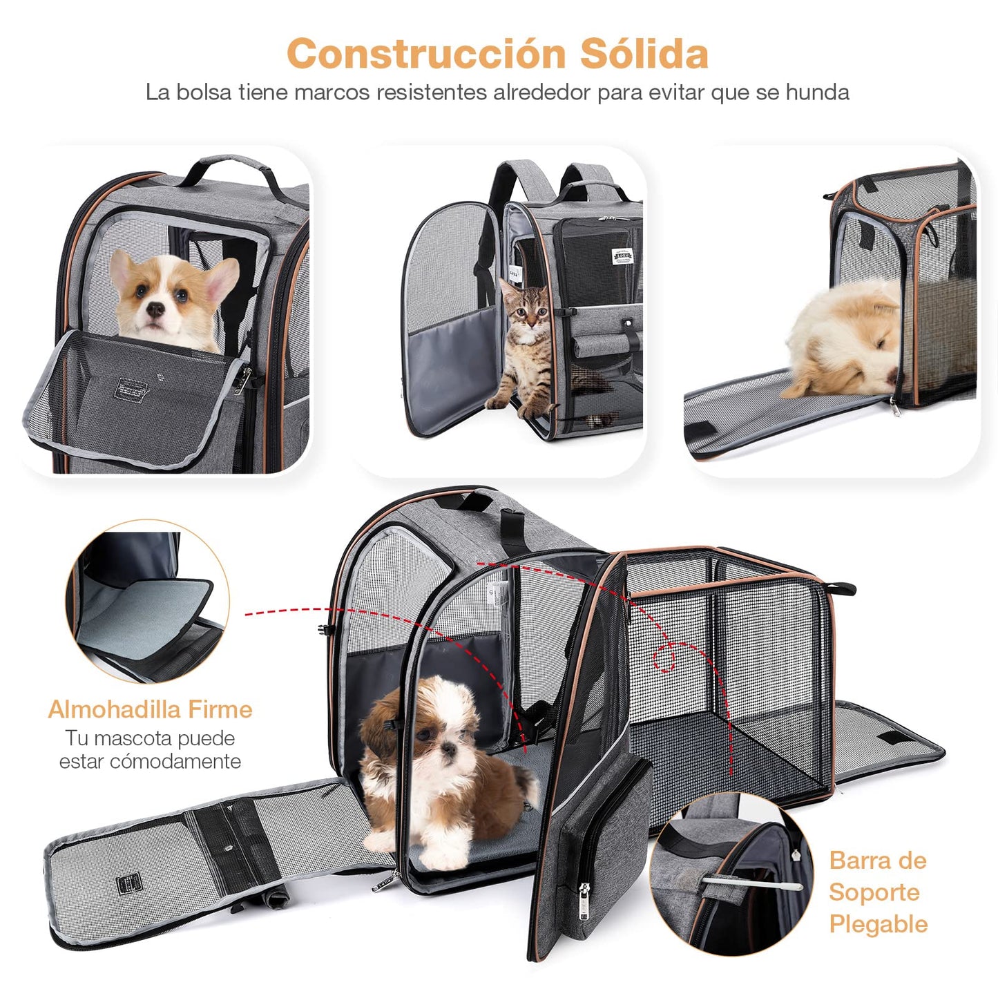 Transportin Gato Extensible con 4 Entradas, Mochila Transpirable - Transportin Perro Pequeño con Arnés Interno - Creapet Studio
