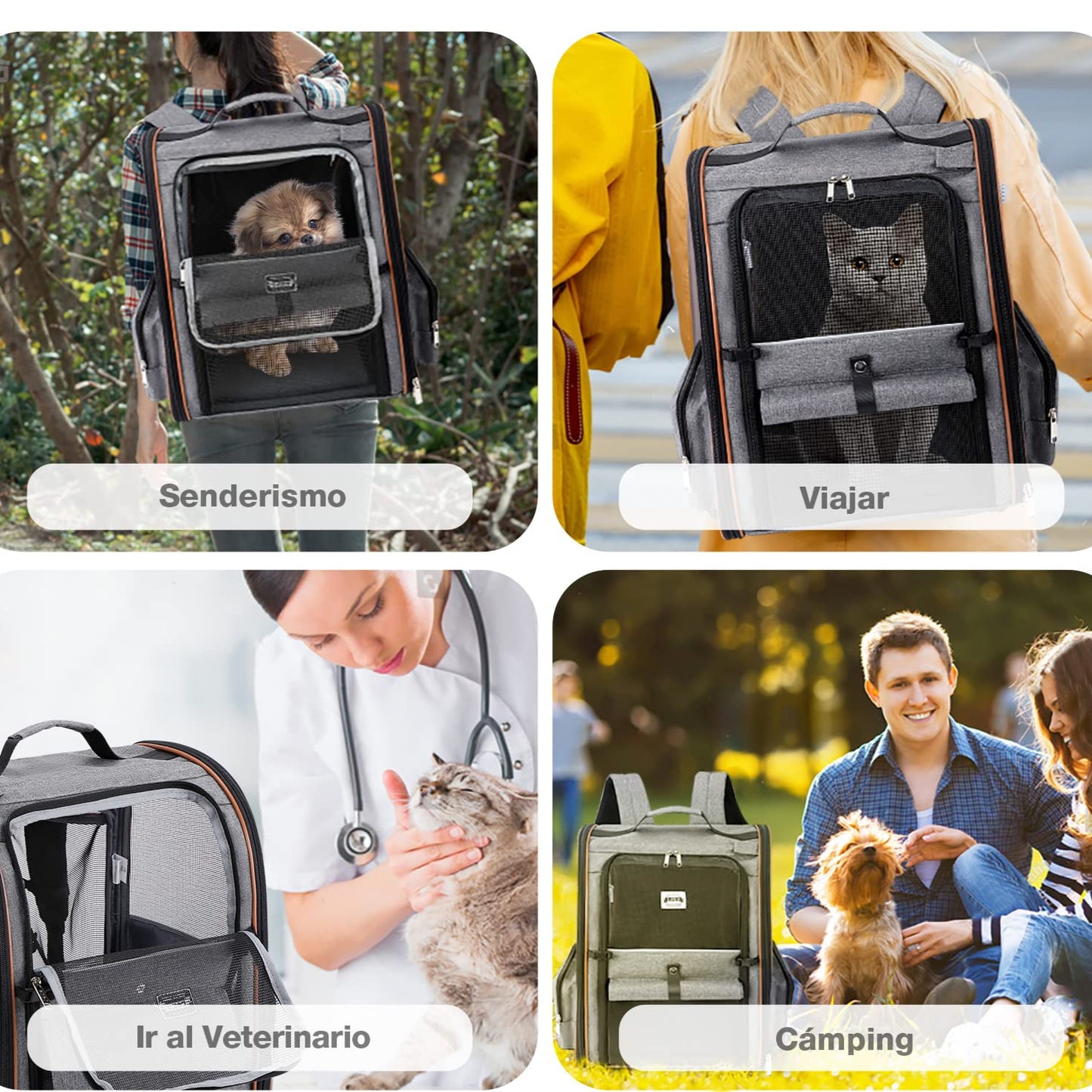 Transportin Gato Extensible con 4 Entradas, Mochila Transpirable - Transportin Perro Pequeño con Arnés Interno - Creapet Studio