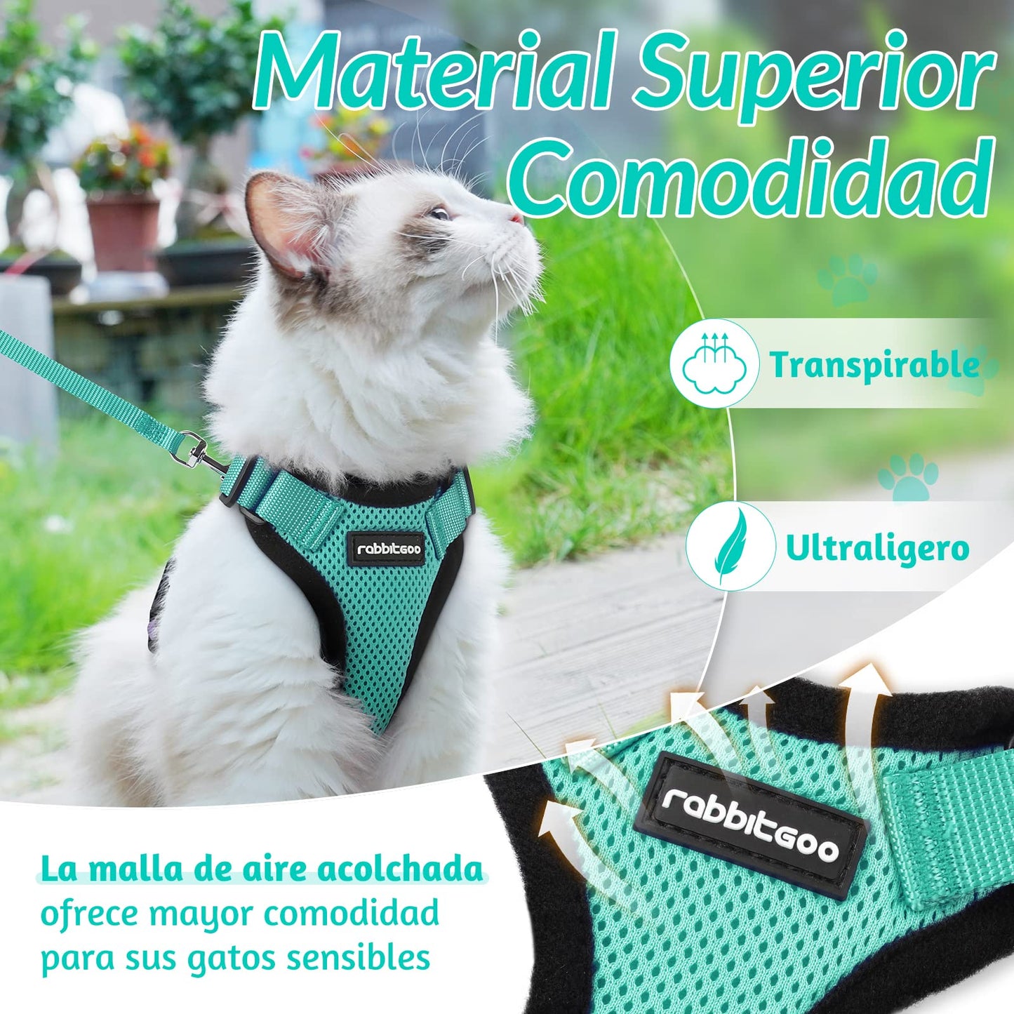rabbitgoo Arnes para Gatos Antiescape con Correa 150cm, Arnes Gato Ajustable Reflectante, Chaleco de Tela de Malla Suave y Transpirable, Arnés Gato Pequeño para Caminar Entrenar, XS, Verde - Creapet Studio
