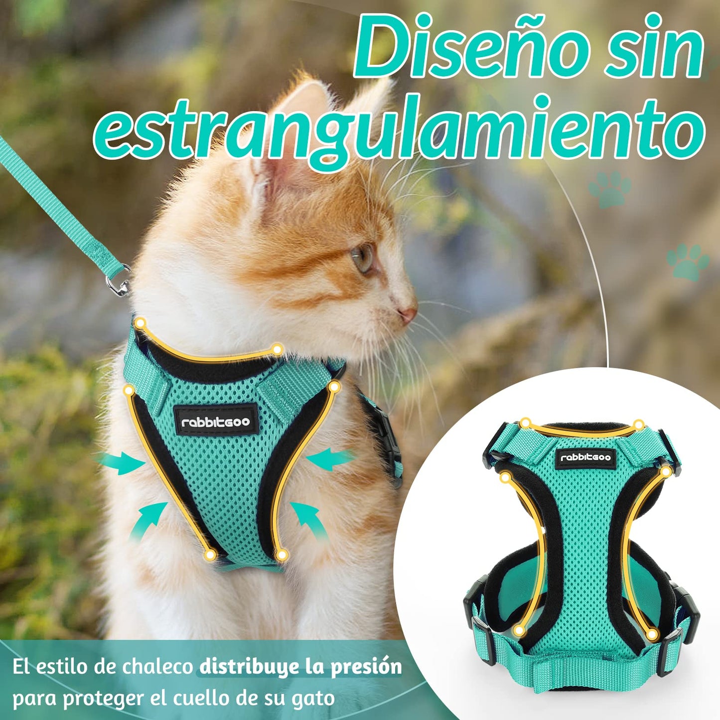 rabbitgoo Arnes para Gatos Antiescape con Correa 150cm, Arnes Gato Ajustable Reflectante, Chaleco de Tela de Malla Suave y Transpirable, Arnés Gato Pequeño para Caminar Entrenar, XS, Verde - Creapet Studio