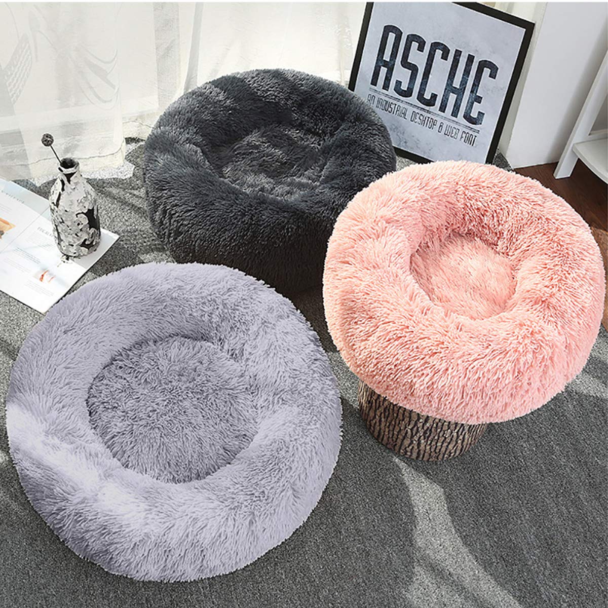 Queta - Cama para mascotas, para gatos o perros pequeños, de felpa suave, redonda (50 cm, color gris) - Creapet Studio