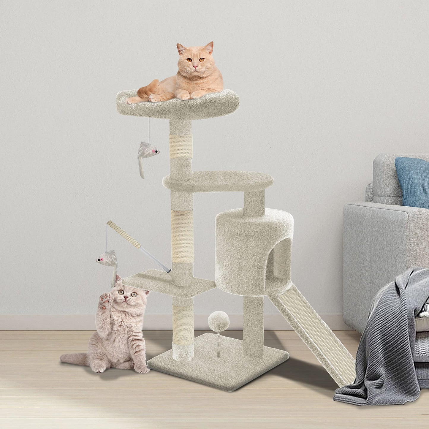 Árbol Rascador para Gatos con Plataformas y Refugios, 112cm, Beige - Creapet Studio