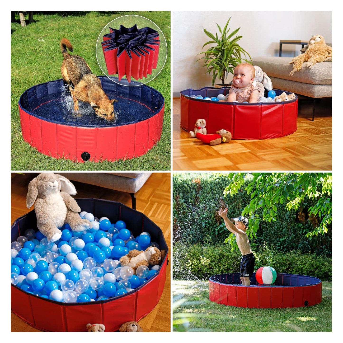 Piscina Plegable de PVC para Perros, Bañera para Perros Piscina para Mascotas Bañera Plegable para Perros, (M) 120 cm Ø Altura 30 cm Azul/Rojo - Creapet Studio