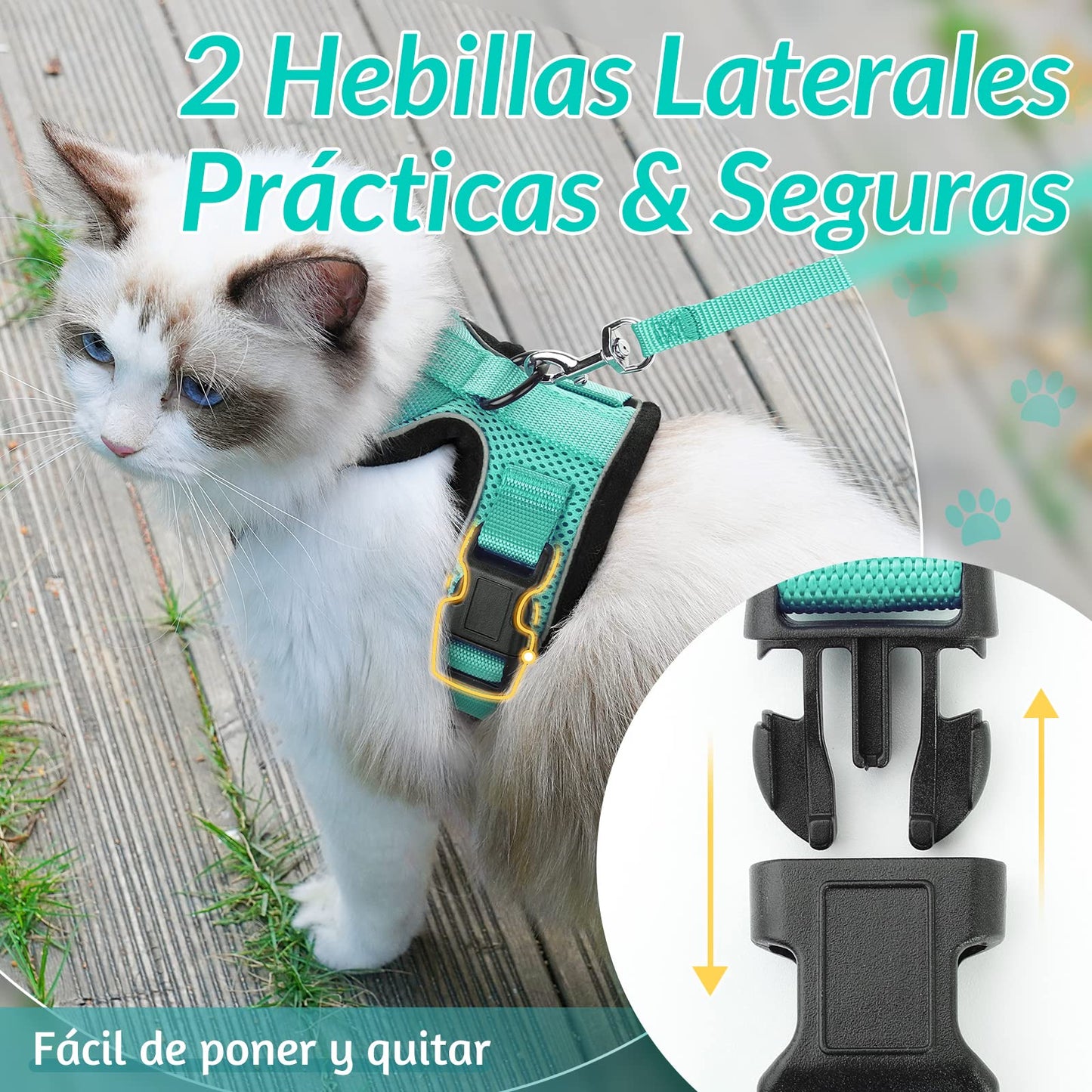 rabbitgoo Arnes para Gatos Antiescape con Correa 150cm, Arnes Gato Ajustable Reflectante, Chaleco de Tela de Malla Suave y Transpirable, Arnés Gato Pequeño para Caminar Entrenar, XS, Verde - Creapet Studio