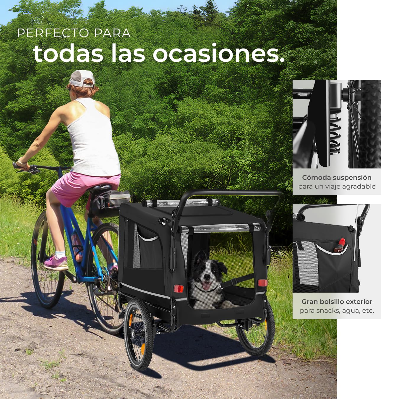 Remolque Bicicleta Perros Multifuncional, Carrito para Perros Plegable, Carro Perro con Manillar Extraíble, Remolque Bici 240L, Reflectores, Bandera, Arnés Seguridad, Carga Máx 40 kg - Creapet Studio
