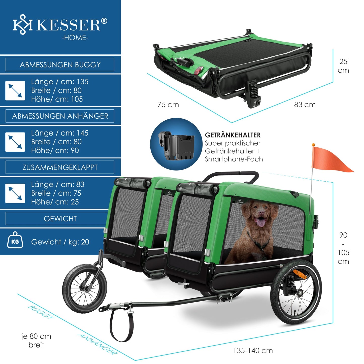 KESSER® Remolque para Perros 3-en-1 Buggy & Jogger Remolque para Bicicletas Grande Aprox. 240 litros de Volumen, montado sobre muelles, Material: Lona Oxford 600D, Carga máxima: 40 kg - Creapet Studio