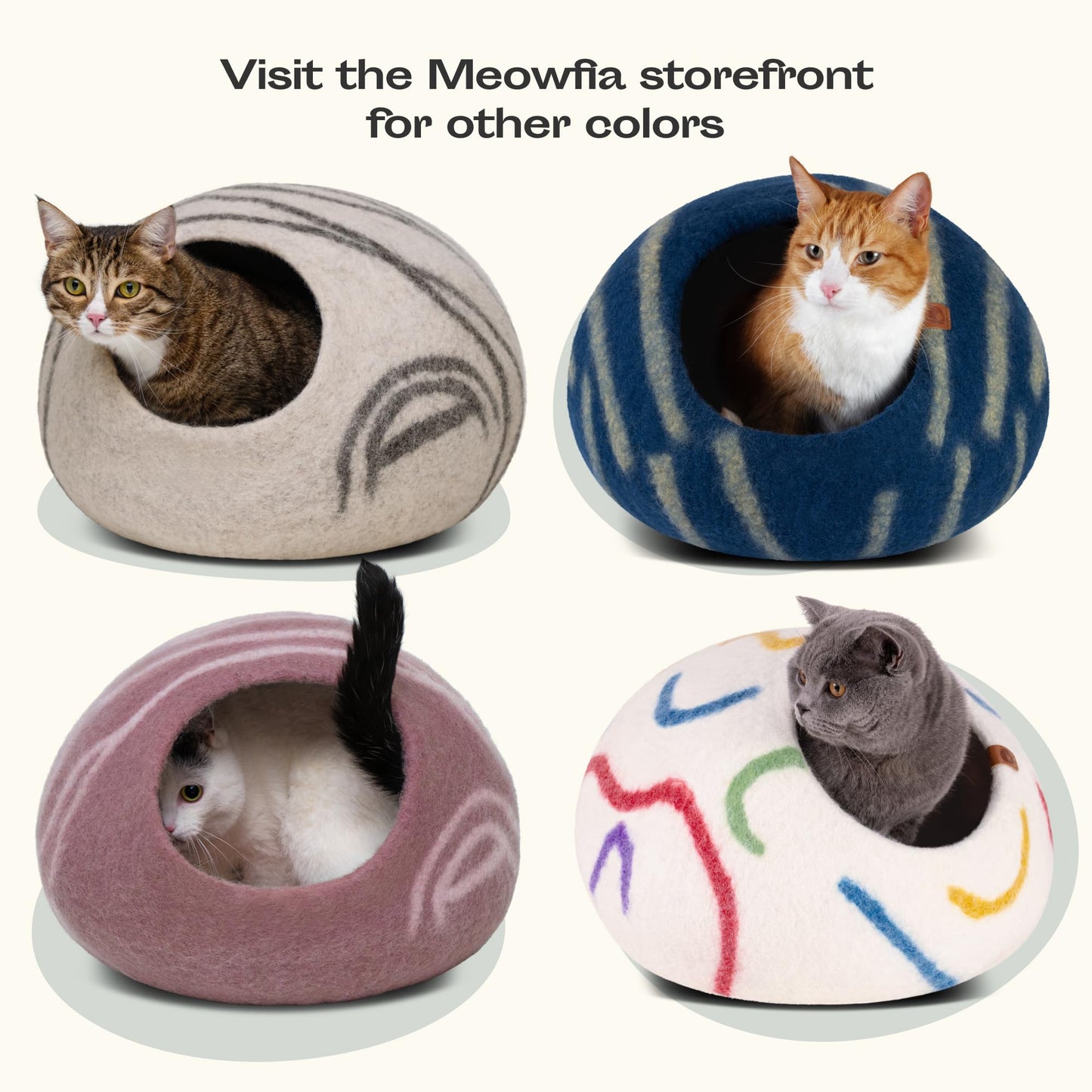 MEOWFIA Cueva de Cama para Gatos de Fieltro Premium - Cama Hecha a Mano 100% Lana Merino para Gatos y Gatitos (Tonos claros) (Grande, Perla ahumada) - Creapet Studio