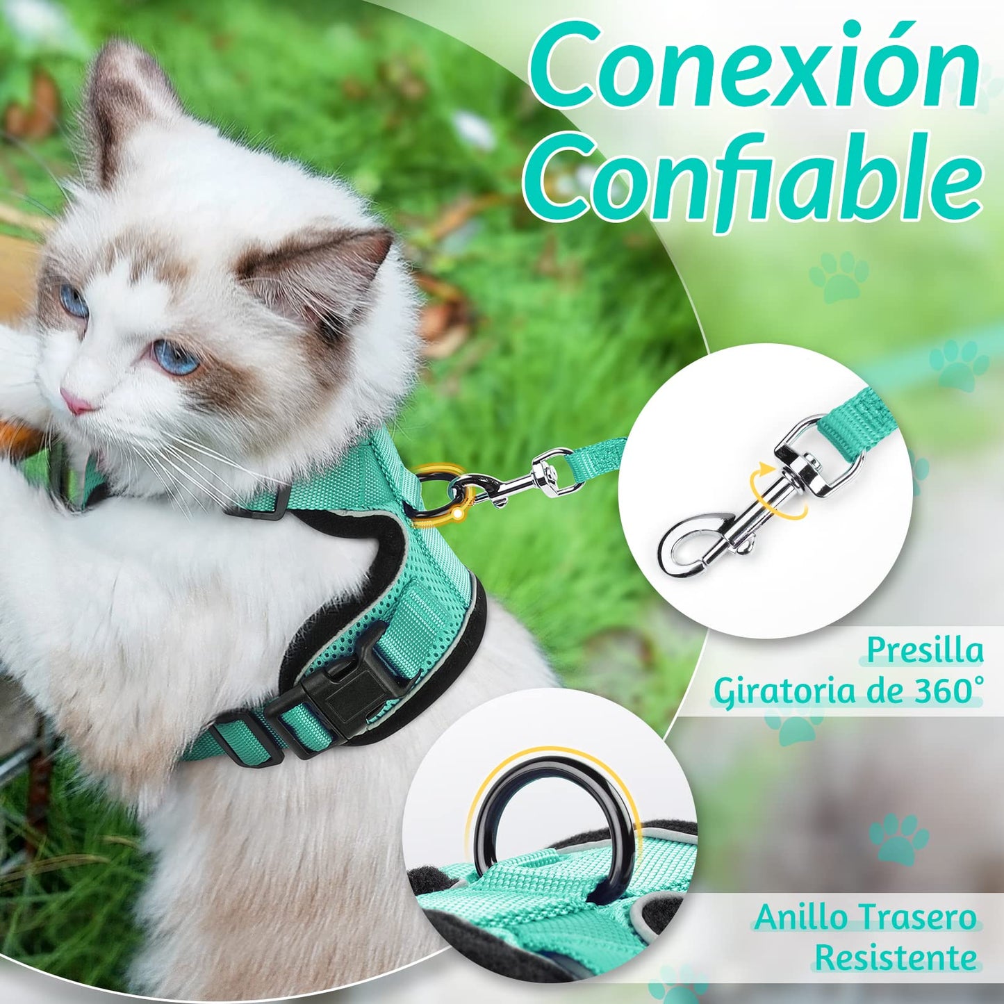 rabbitgoo Arnes para Gatos Antiescape con Correa 150cm, Arnes Gato Ajustable Reflectante, Chaleco de Tela de Malla Suave y Transpirable, Arnés Gato Pequeño para Caminar Entrenar, XS, Verde - Creapet Studio