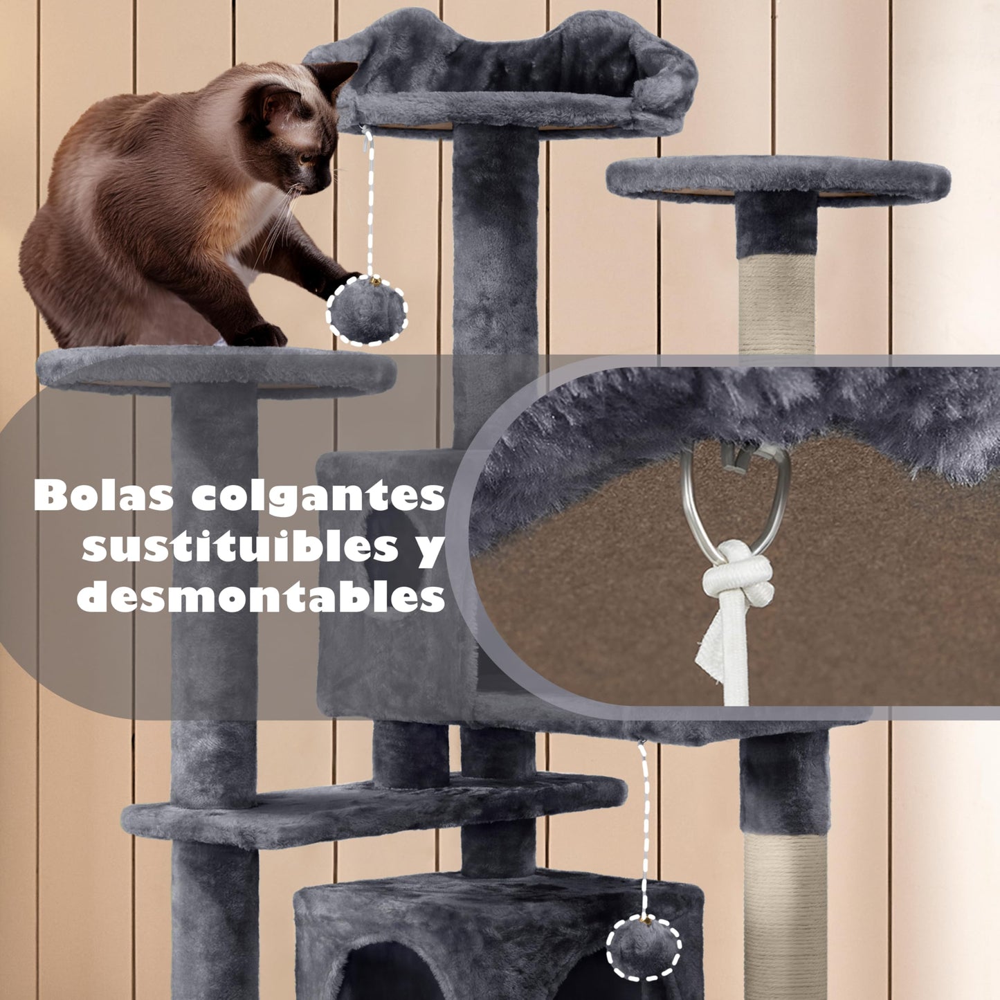 Yaheetech Árbol Rascador para Gatos con Plataforma Torre Escalador para 1-3 Gatos Medianos con Bolas 49x49x138.5cm Gris Oscuro - Creapet Studio