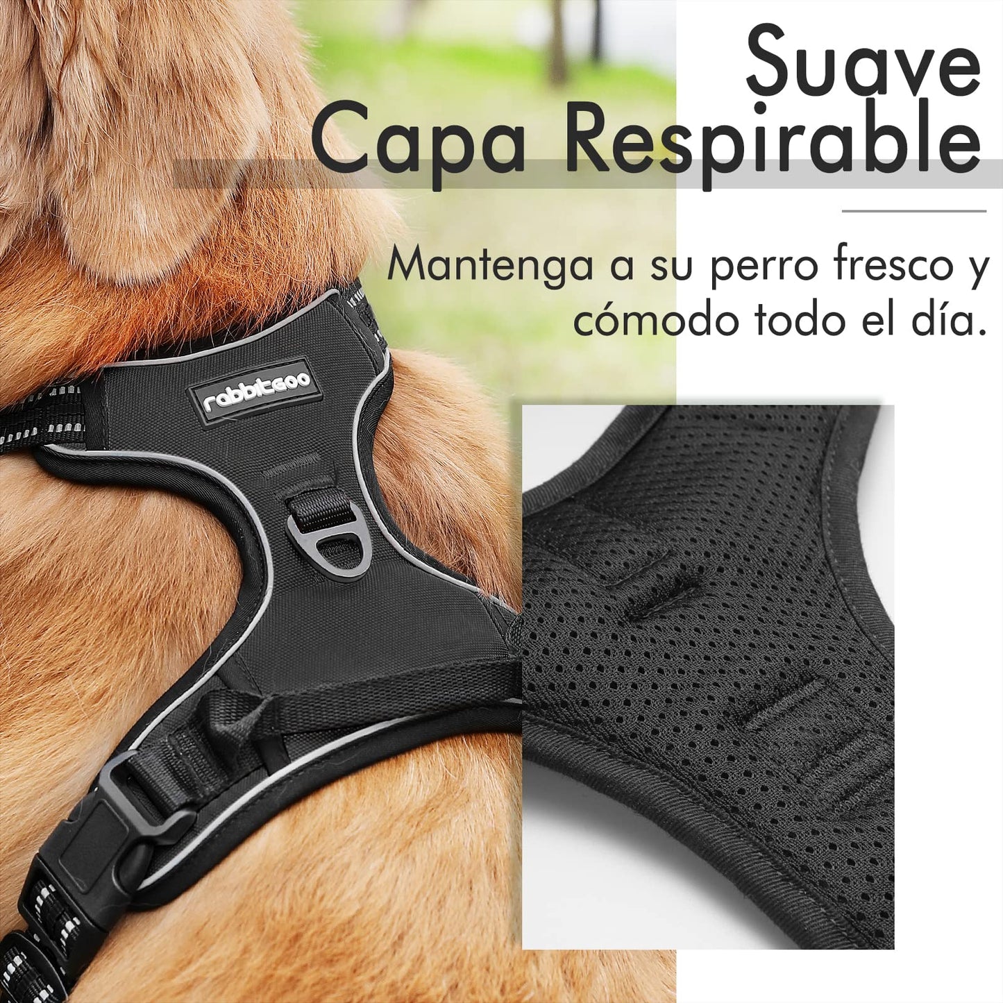 Arnés Antitirones para Perro Grande – Ajustable, Reflectante y Transpirable, Ideal para Coche y Paseo – rabbitgoo Negro - Creapet Studio