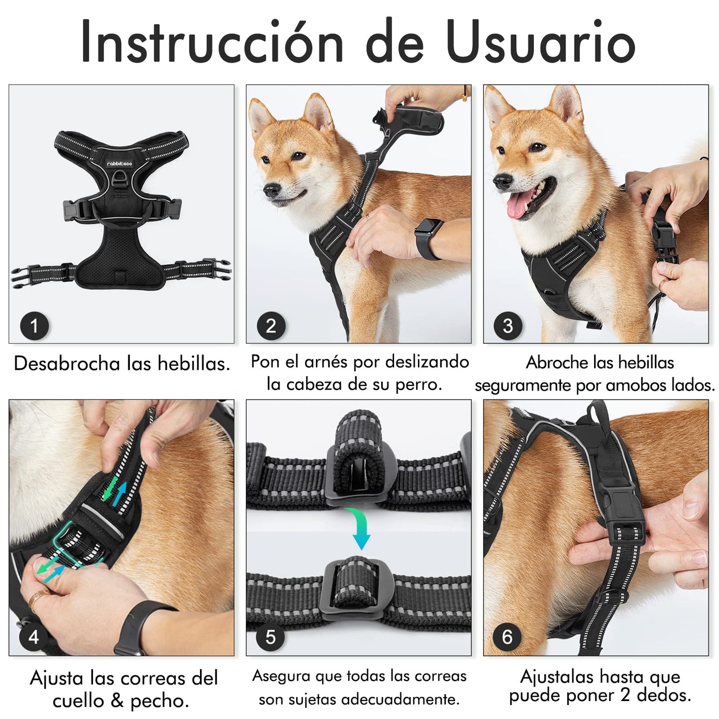 Arnés Antitirones para Perro Grande – Ajustable, Reflectante y Transpirable, Ideal para Coche y Paseo – rabbitgoo Negro - Creapet Studio