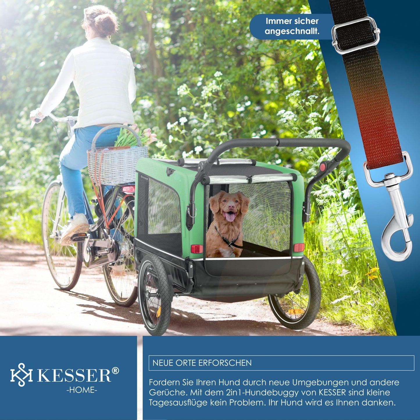 KESSER® Remolque para Perros 3-en-1 Buggy & Jogger Remolque para Bicicletas Grande Aprox. 240 litros de Volumen, montado sobre muelles, Material: Lona Oxford 600D, Carga máxima: 40 kg - Creapet Studio