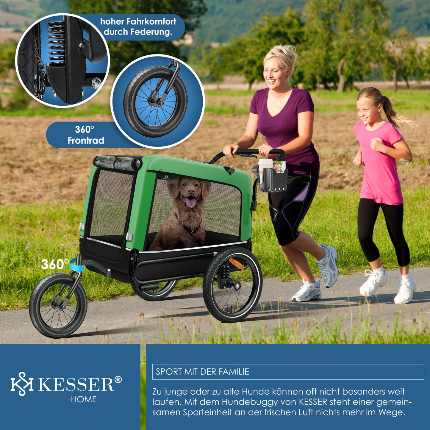 KESSER® Remolque para Perros 3-en-1 Buggy & Jogger Remolque para Bicicletas Grande Aprox. 240 litros de Volumen, montado sobre muelles, Material: Lona Oxford 600D, Carga máxima: 40 kg - Creapet Studio