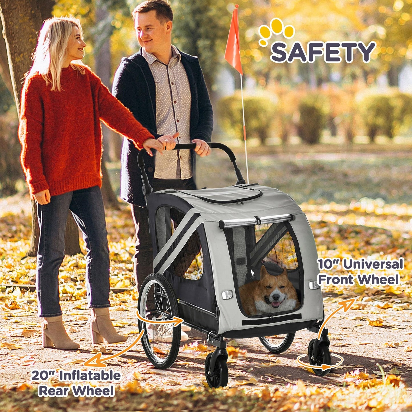 Remolque de Bicicleta para Perros 2 en 1 Carrito de Transporte para Mascotas con Puertas Enrollables Cinturón de Seguridad Bandera y 6 Reflectores Carga 30 kg 140x72,5x108 cm Gris - Creapet Studio