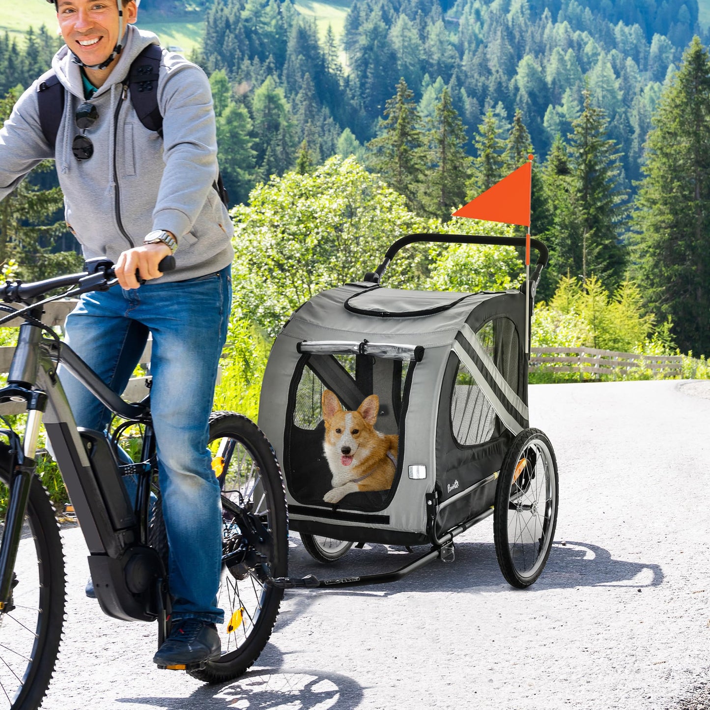 Remolque de Bicicleta para Perros 2 en 1 Carrito de Transporte para Mascotas con Puertas Enrollables Cinturón de Seguridad Bandera y 6 Reflectores Carga 30 kg 140x72,5x108 cm Gris - Creapet Studio