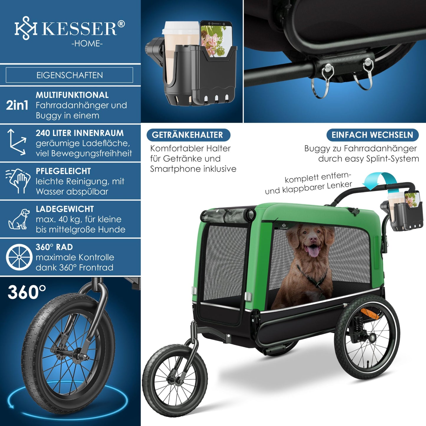 KESSER® Remolque para Perros 3-en-1 Buggy & Jogger Remolque para Bicicletas Grande Aprox. 240 litros de Volumen, montado sobre muelles, Material: Lona Oxford 600D, Carga máxima: 40 kg - Creapet Studio