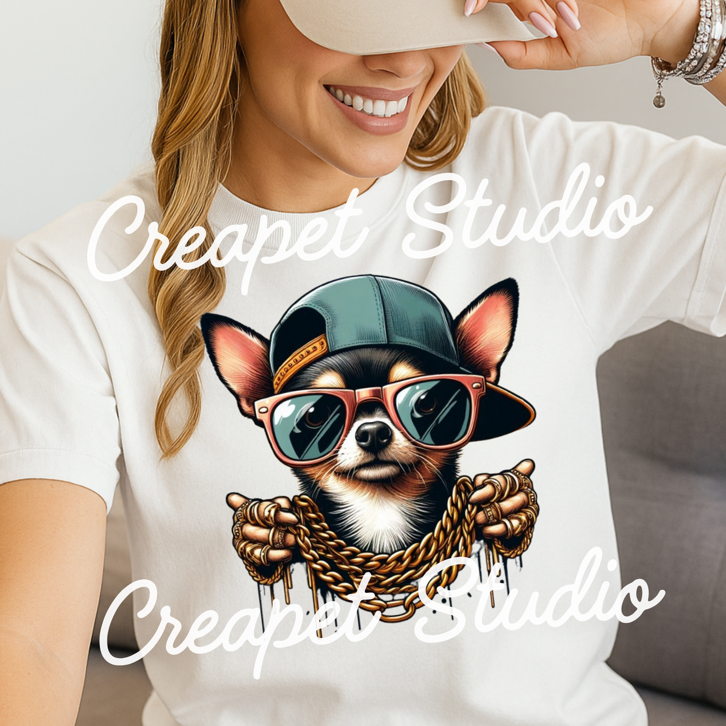 Chihuahua con actitud de rapero, Diseño digital hip hop de perro, PNG descarga digital - Creapet Studio