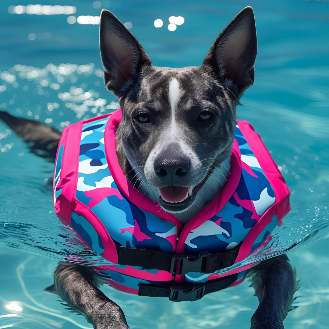 Chaleco salvadidas de camuflaje, tiburón, azul y fucsia para perros - Creapet Studio