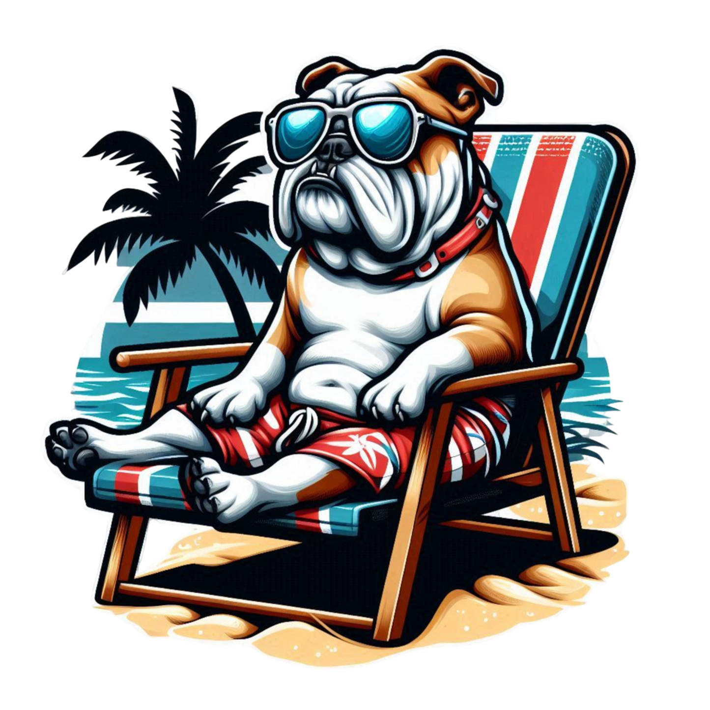Un bulldog inglés PNG con gafas de sol, sentado en una silla de playa, estilo cartoon moderno, fondo transparente, para camiseta divertida, Descarga digital - Creapet Studio